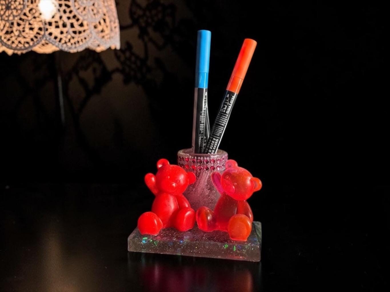 Neon shimmer Resin Teddy Bear Pen Holder detail 2