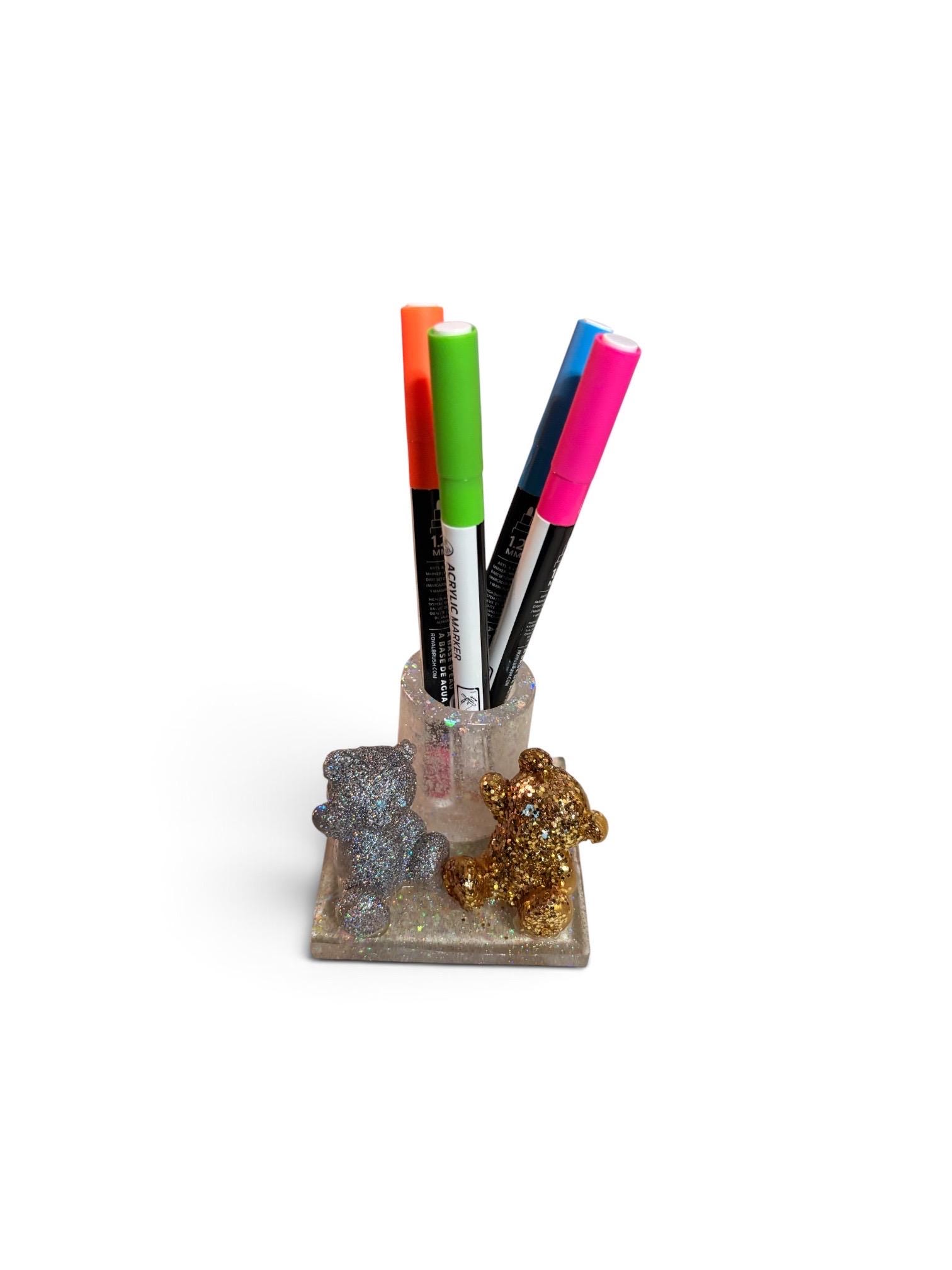 Glitter Resin Teddy Bear Pen Holder | Sparkly Desk Organizer, Office Accessory
