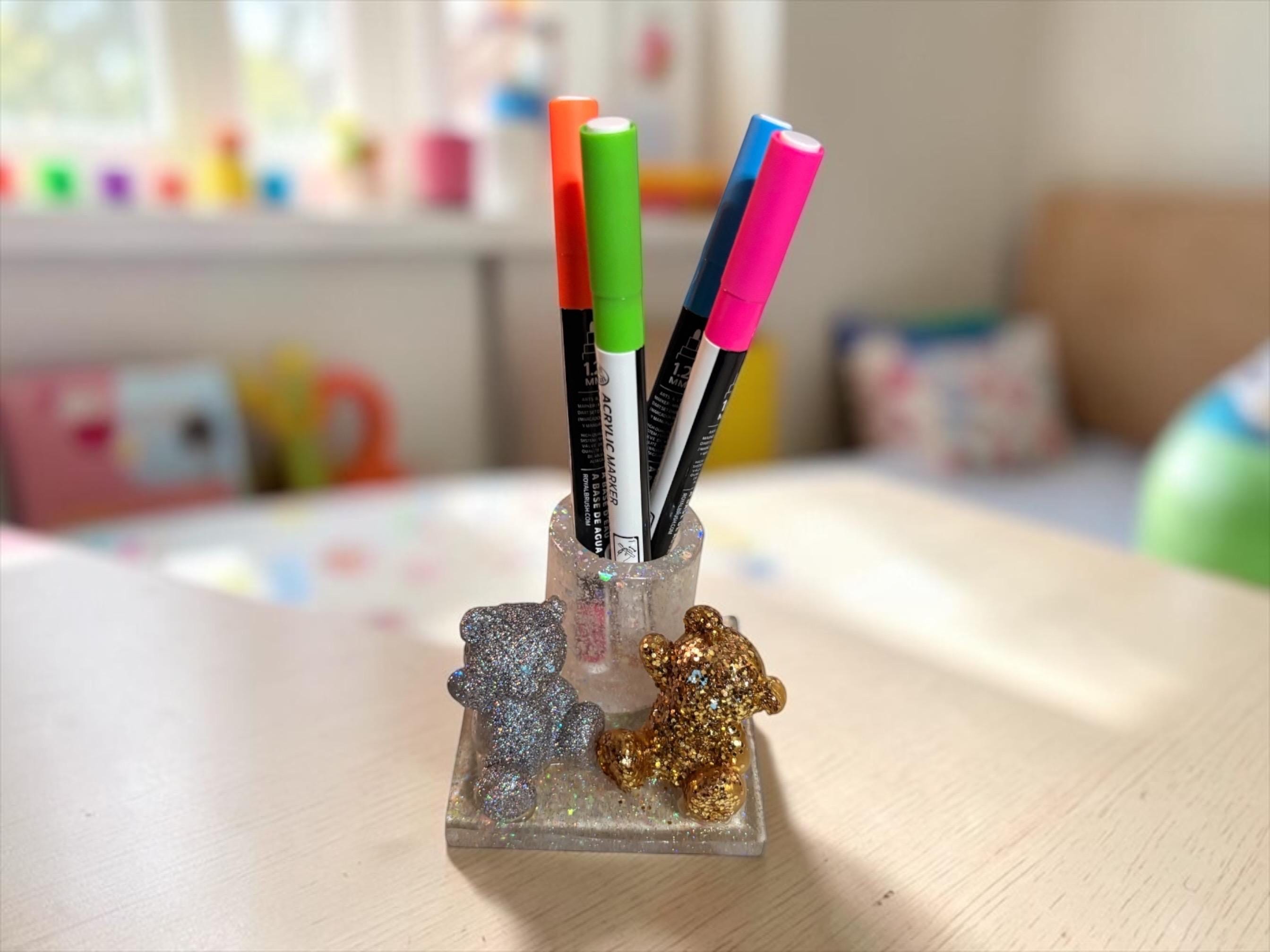 Glitter Resin Teddy Bear Pen Holder | Sparkly Desk Organizer, Office Accessory detail 2