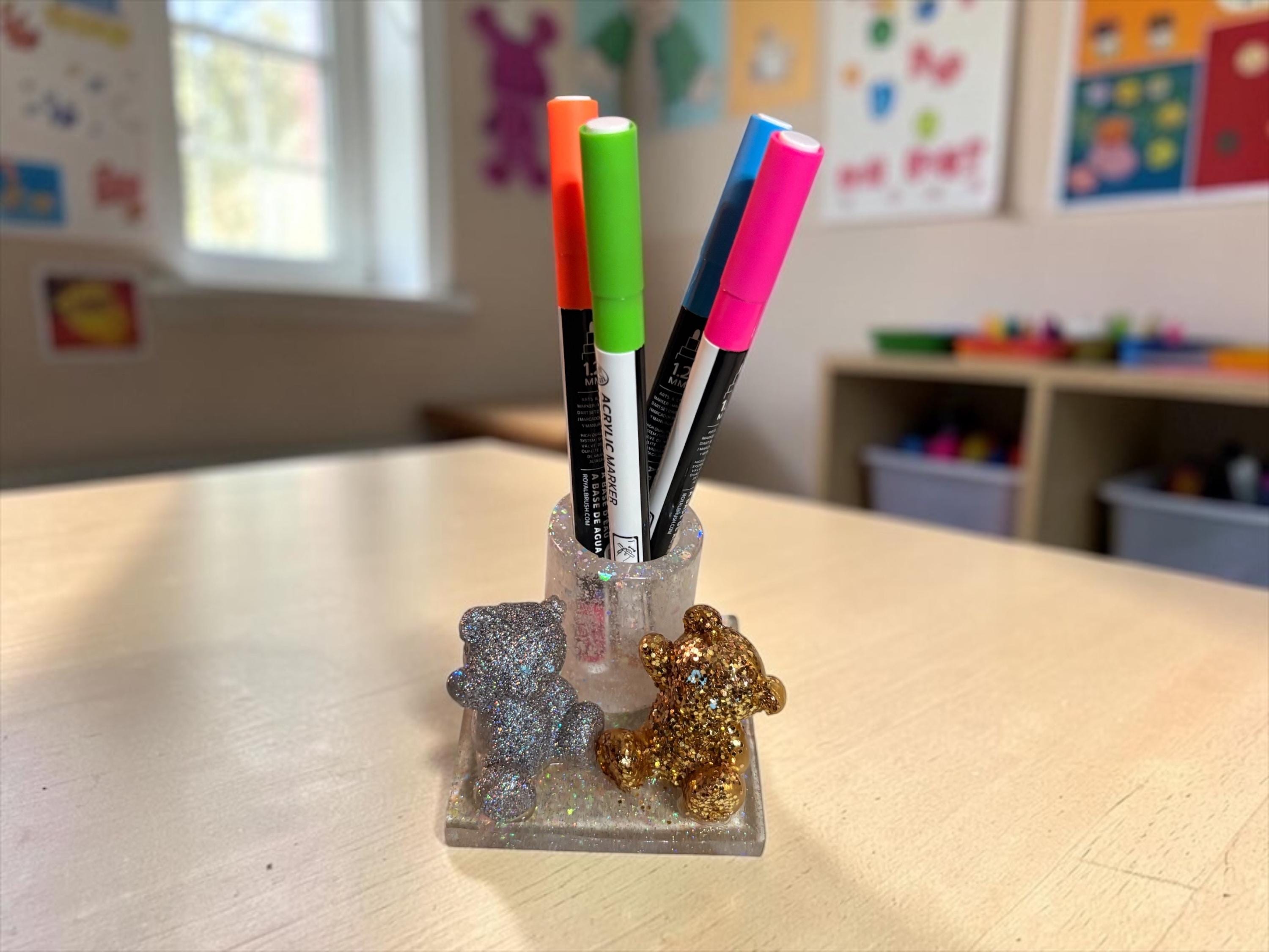 Glitter Resin Teddy Bear Pen Holder | Sparkly Desk Organizer, Office Accessory detail 3