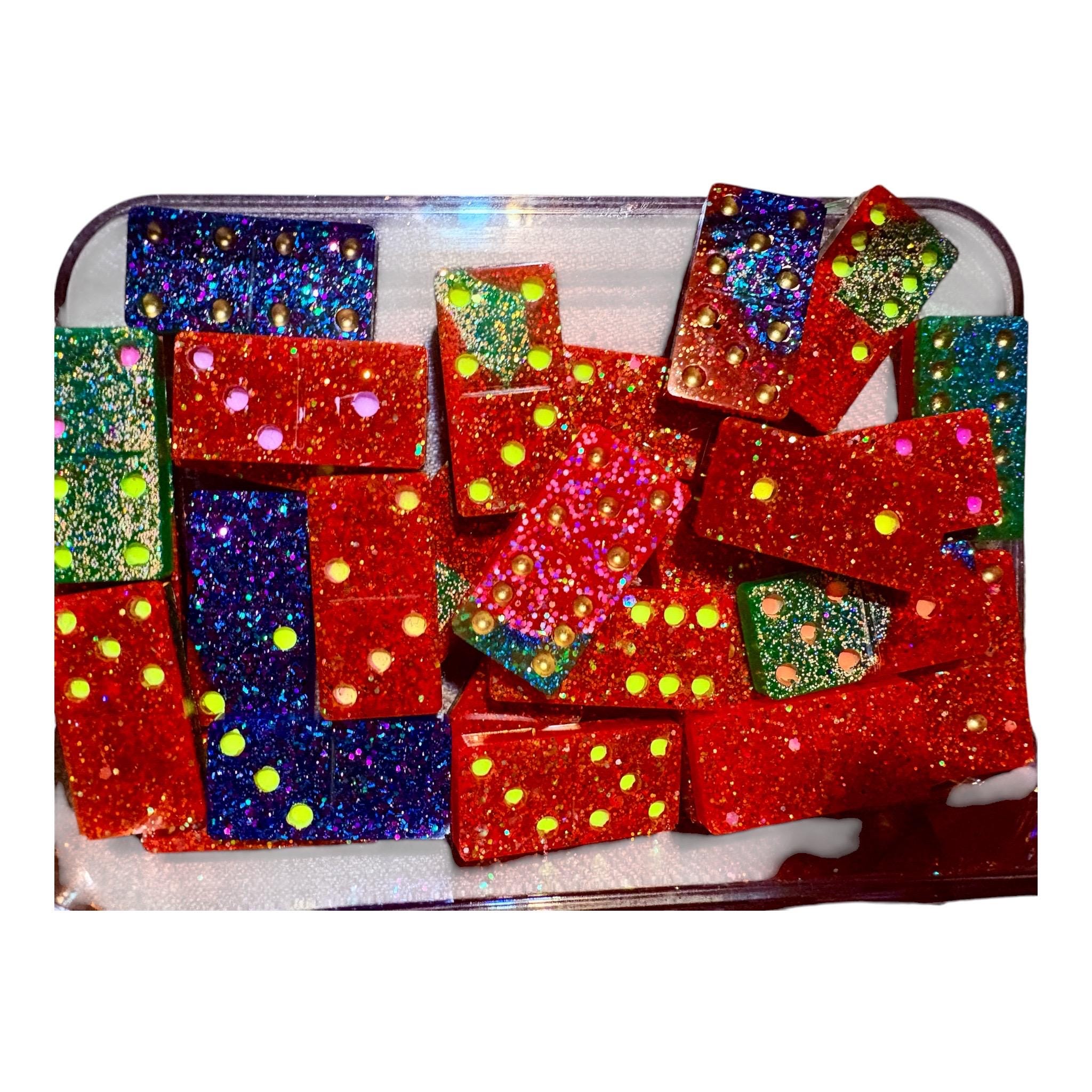 Neon Carnival Resin Domino Set: Glitter, Sparkle, Game Night Fun