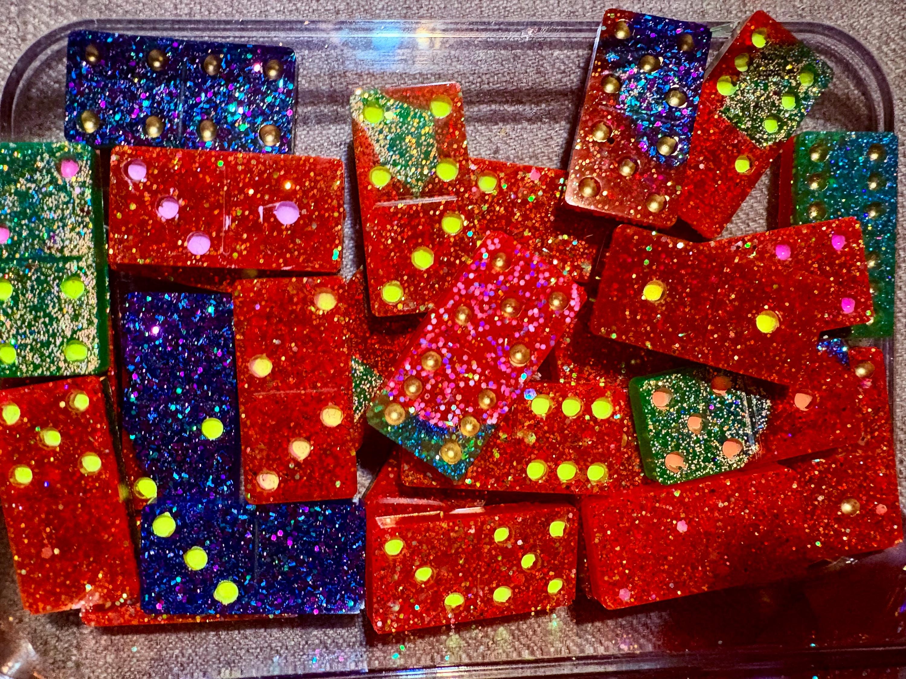 Neon Carnival Resin Domino Set: Glitter, Sparkle, Game Night Fun detail 2
