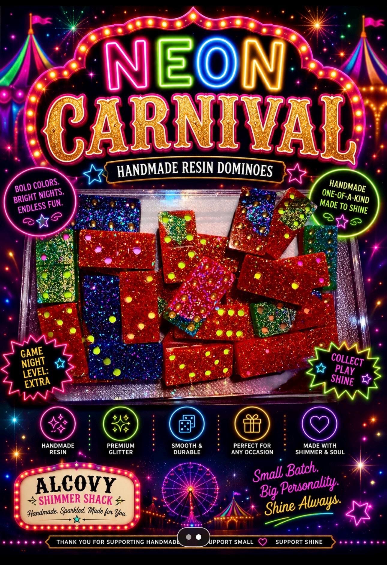 Neon Carnival Resin Domino Set: Glitter, Sparkle, Game Night Fun detail 3