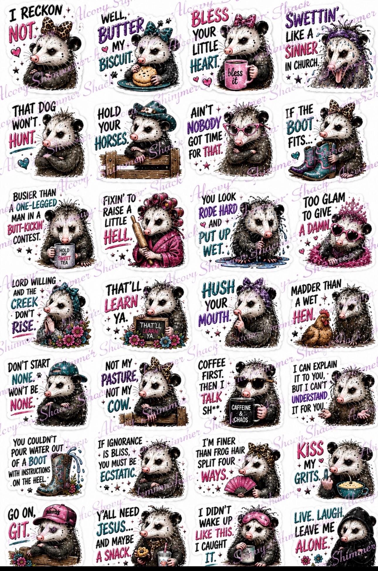 Southern sayings opossum Sticker Sheets set of three