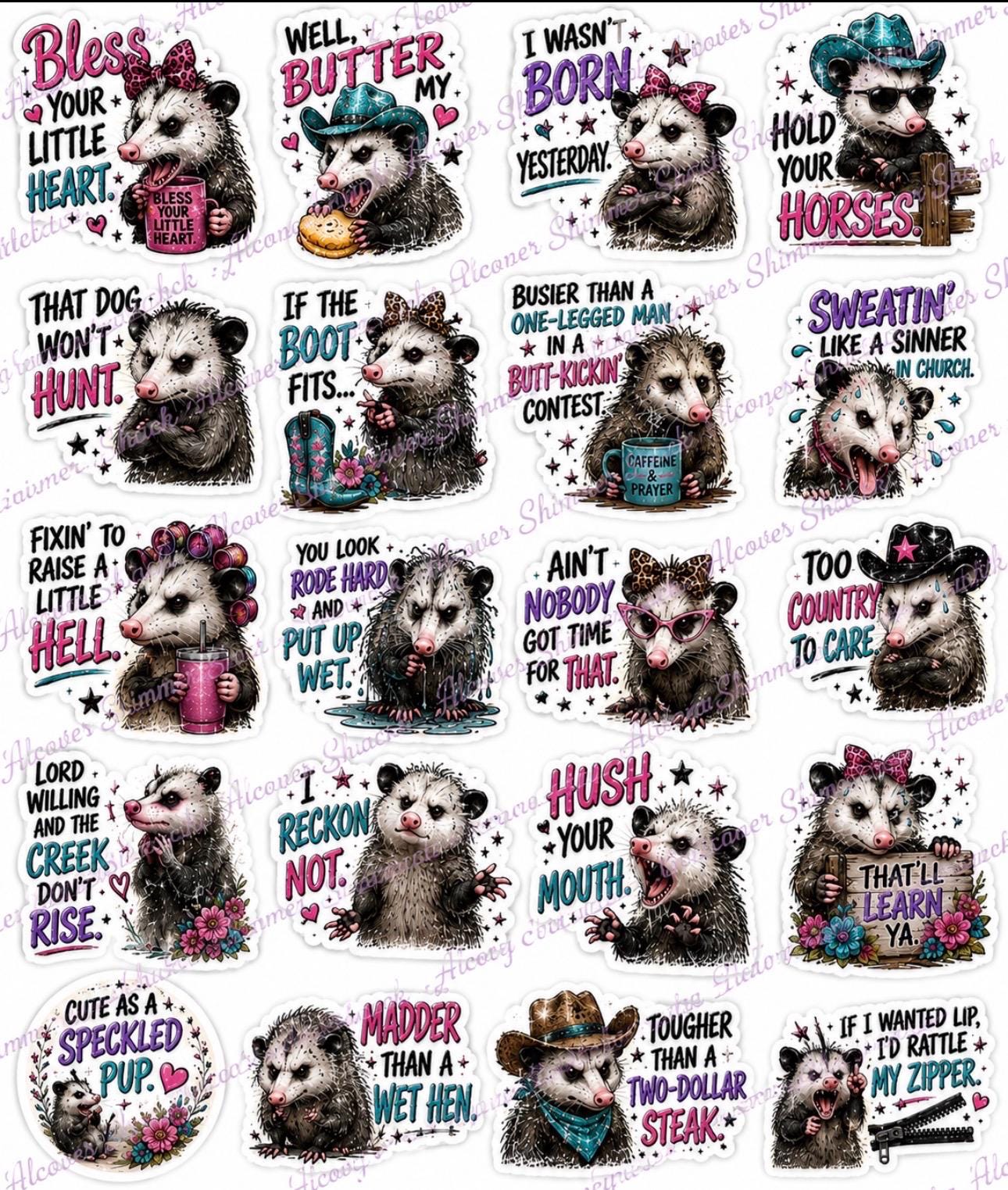 Southern sayings opossum Sticker Sheets set of three detail 2