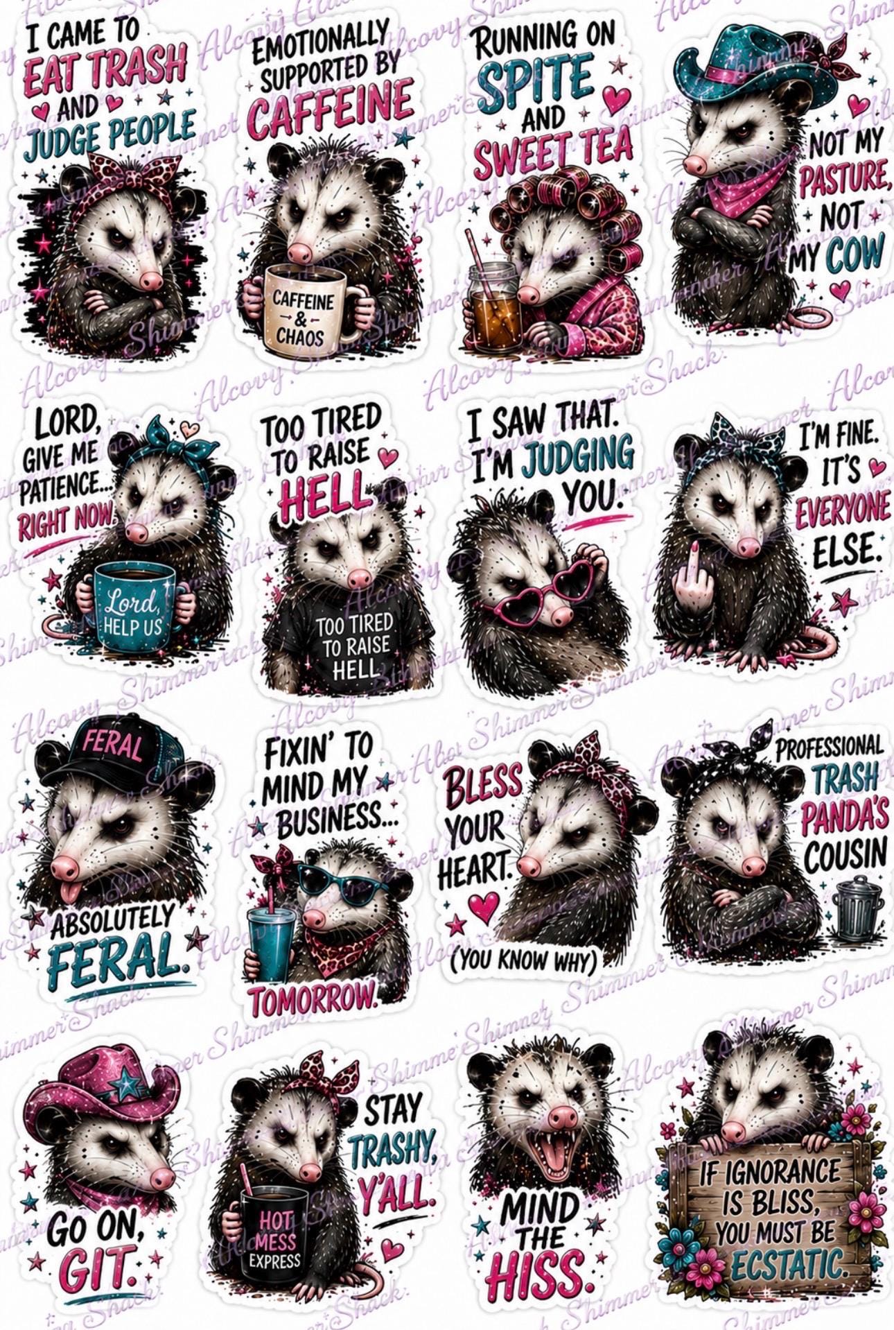 Southern sayings opossum Sticker Sheets set of three detail 3