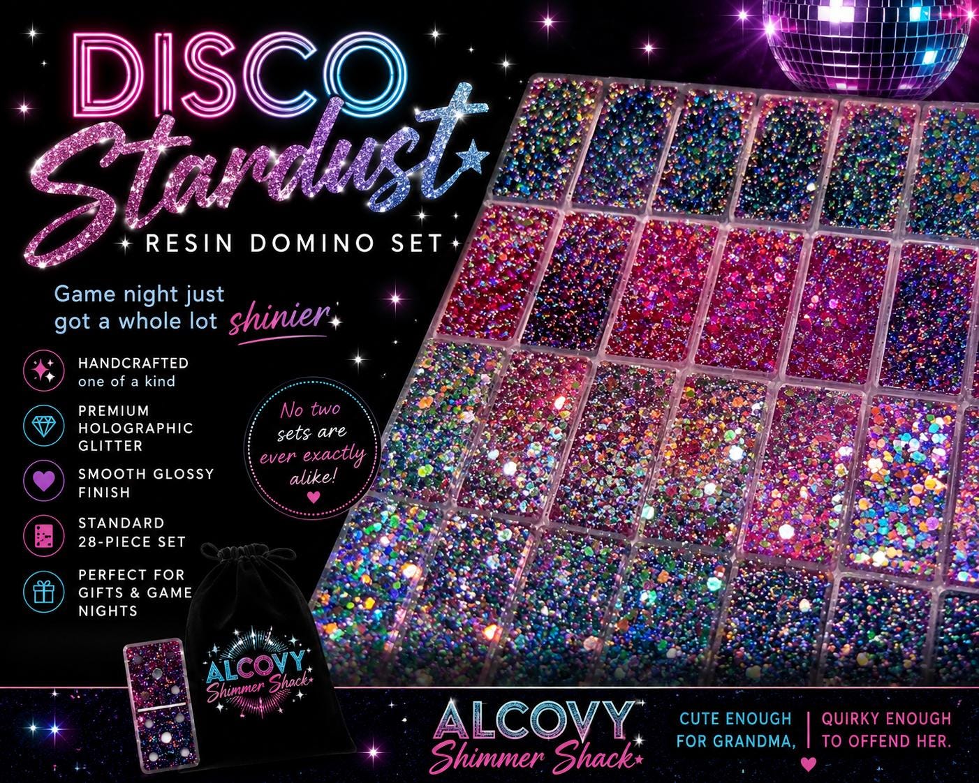 Disco Stardust Handcrafted Domino set with Holder detail 4