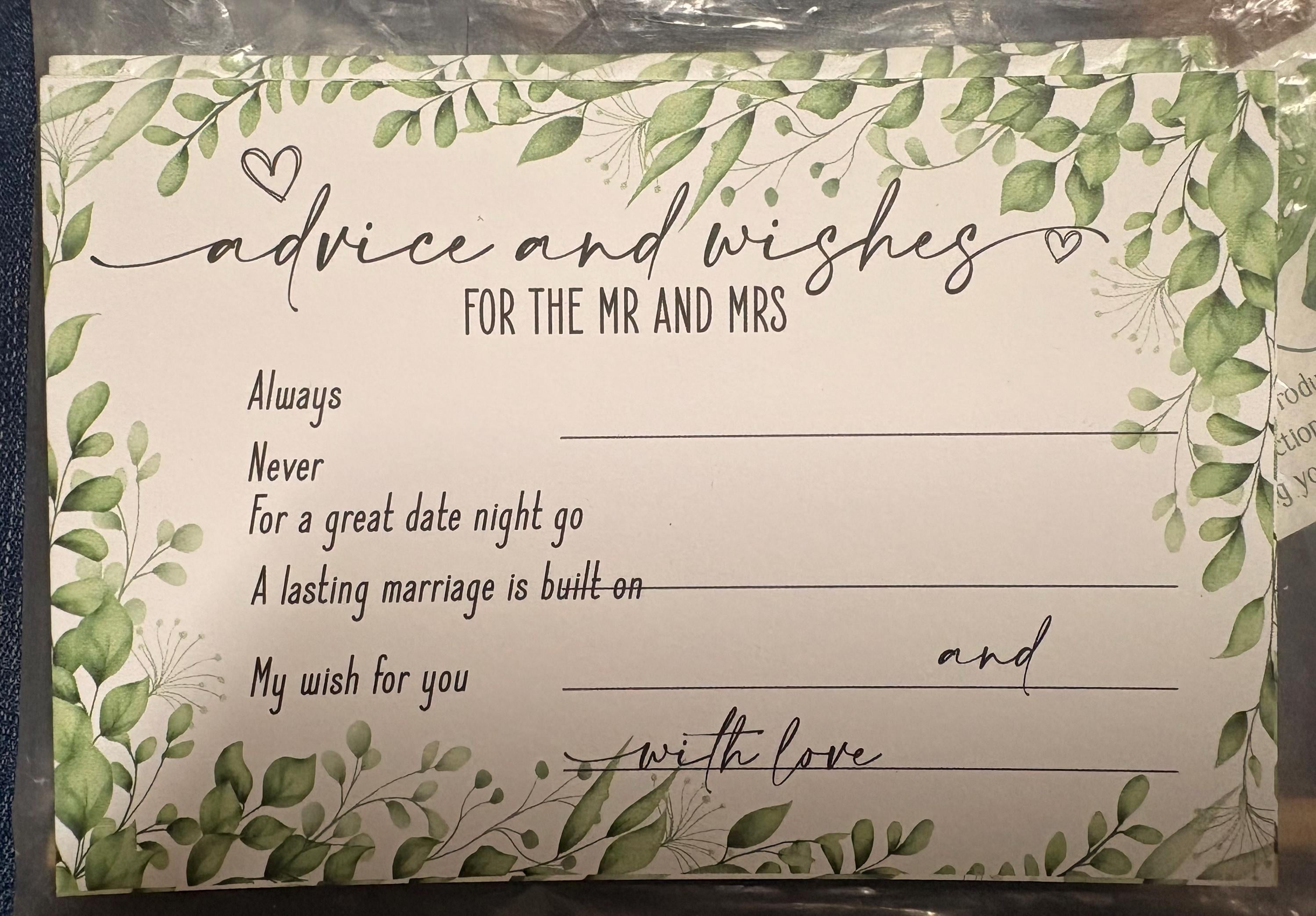 Advice Note Cards For the Bride & Groom / Wedding Favors Set of 20 detail 2