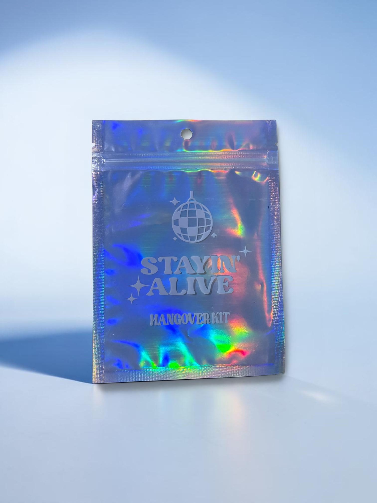 Pack of Ten Stayin Alive Hangover Kit Holographic Bags