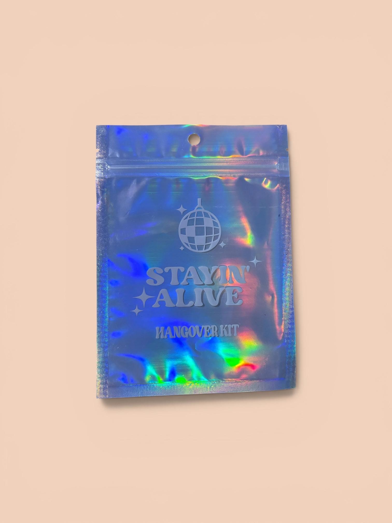 Pack of Ten Stayin Alive Hangover Kit Holographic Bags detail 2