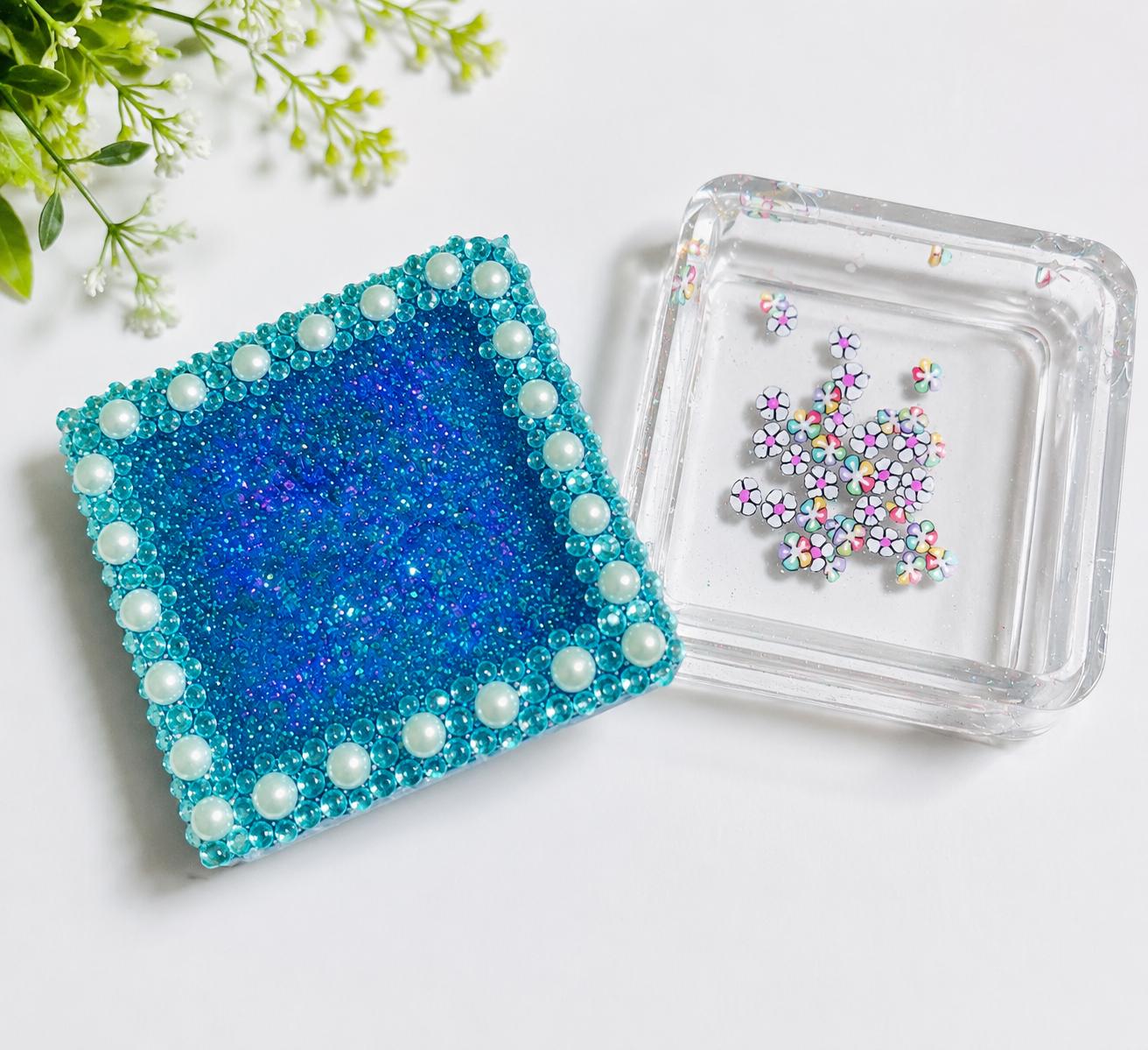 Handcrafted Blue Glitter Resin Trinket Dish with Pearl Border