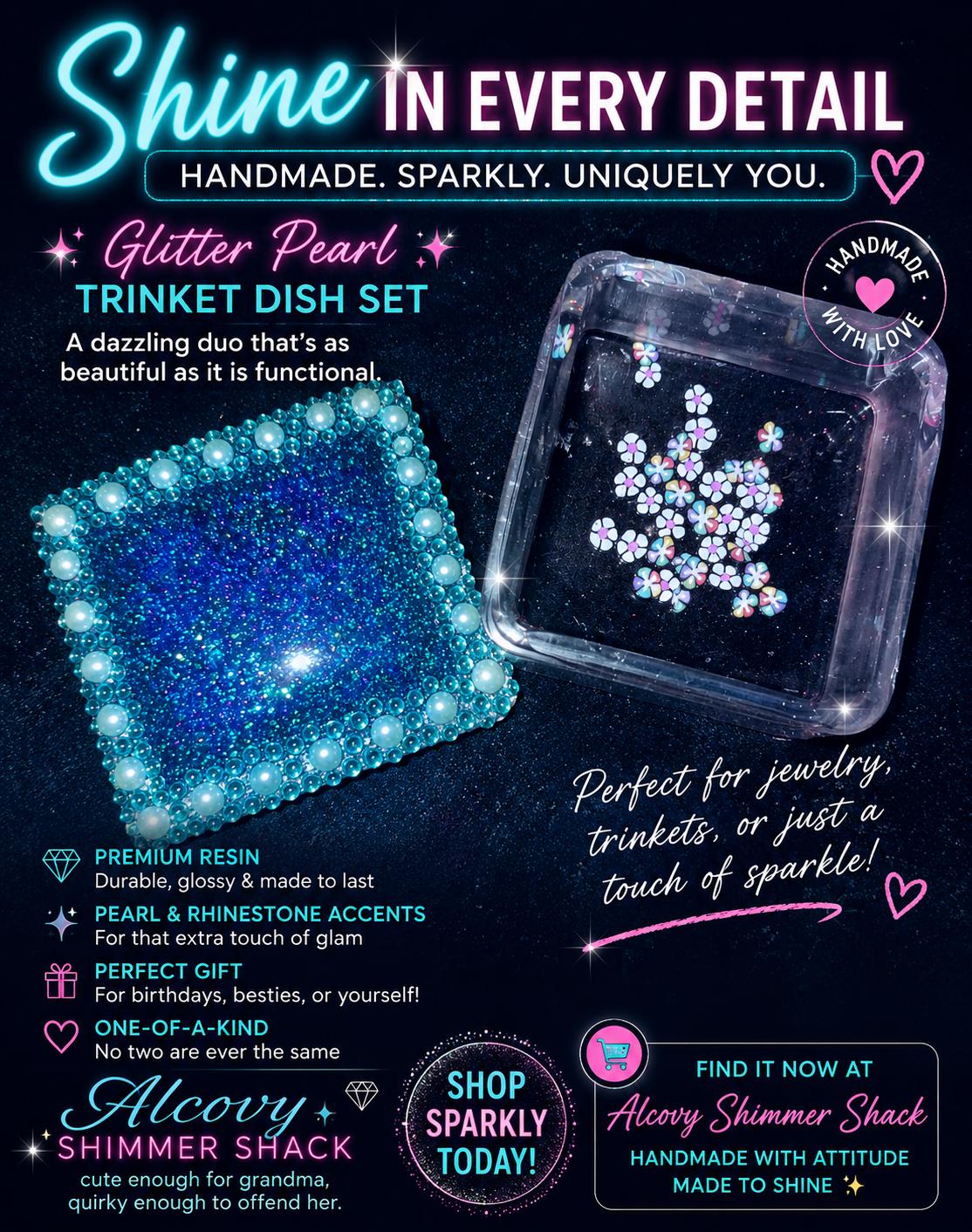 Handcrafted Blue Glitter Resin Trinket Dish with Pearl Border detail 2