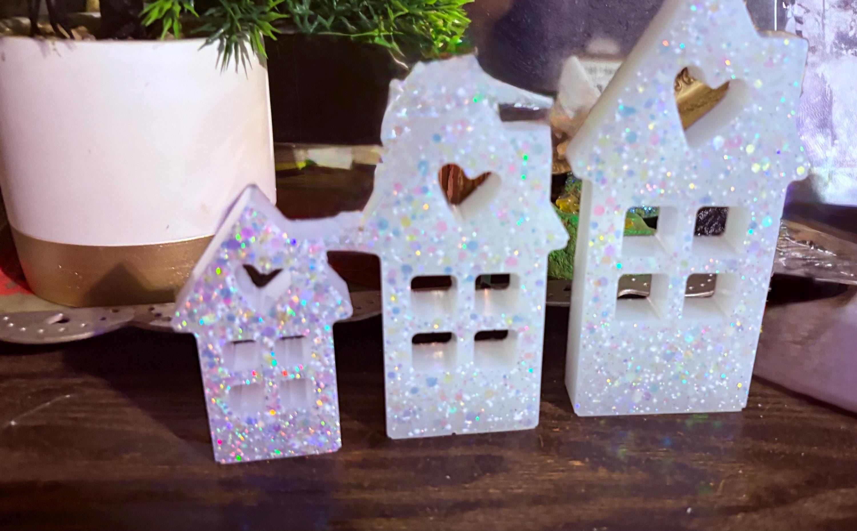 Sparkly Resin Houses | Glitter Cottage Decor, Heart Detail Shelf Sitters