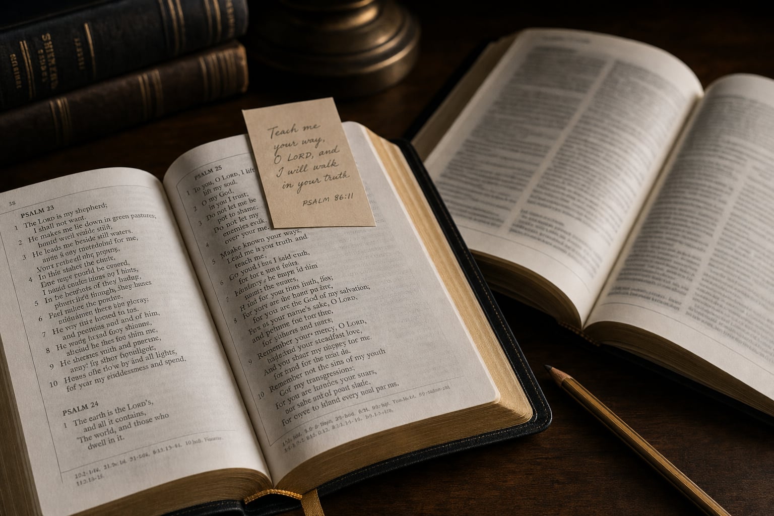 Open Bible beside a reference book, ready for reading in context