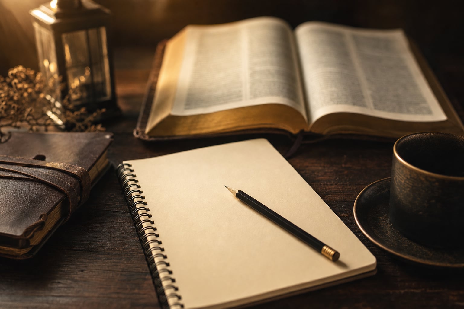 Notebook and pencil beside an open Bible for thoughtful study notes