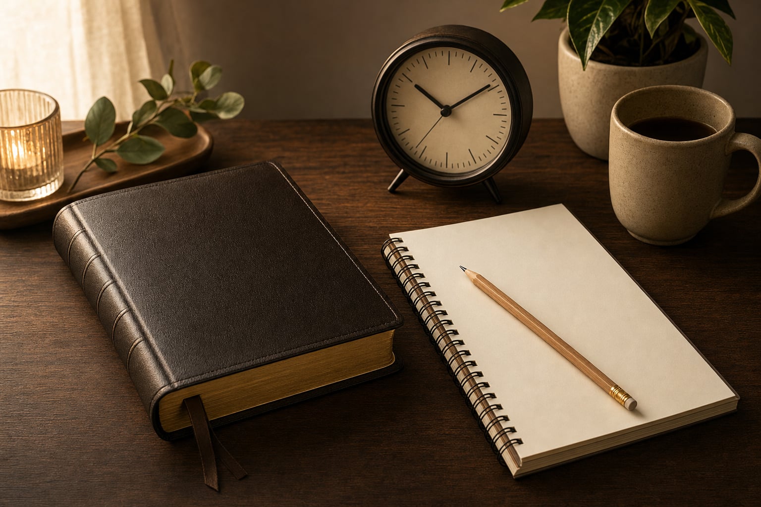 Bible, clock, pencil, and notebook arranged for a simple daily study routine