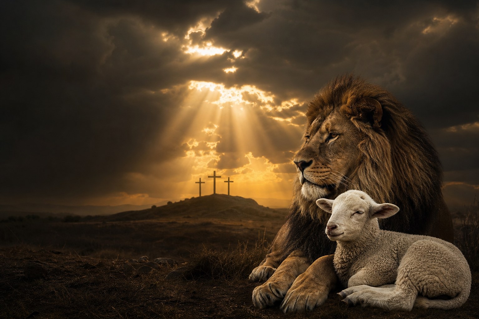 Lion and lamb beneath golden light and three crosses