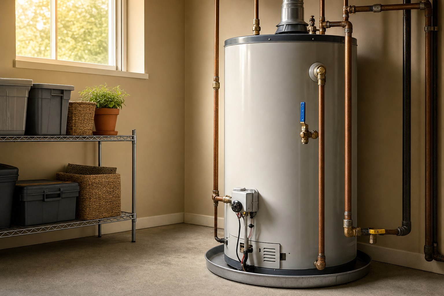 Residential water heater in a utility room
