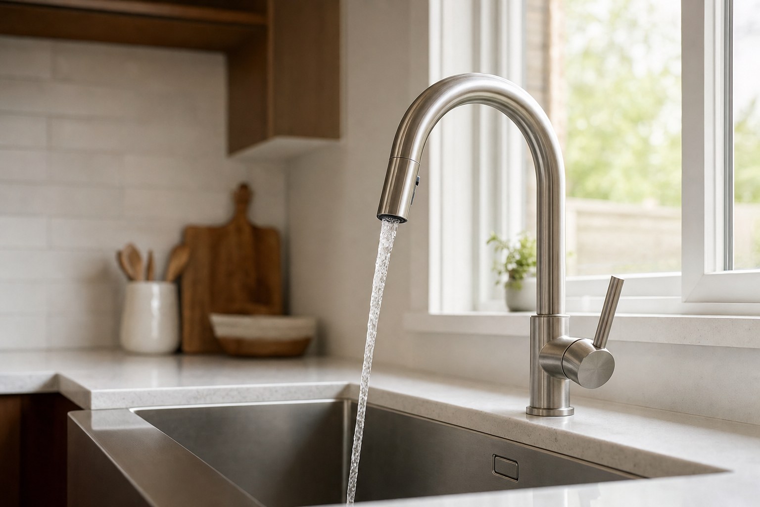Fresh water running from a kitchen faucet