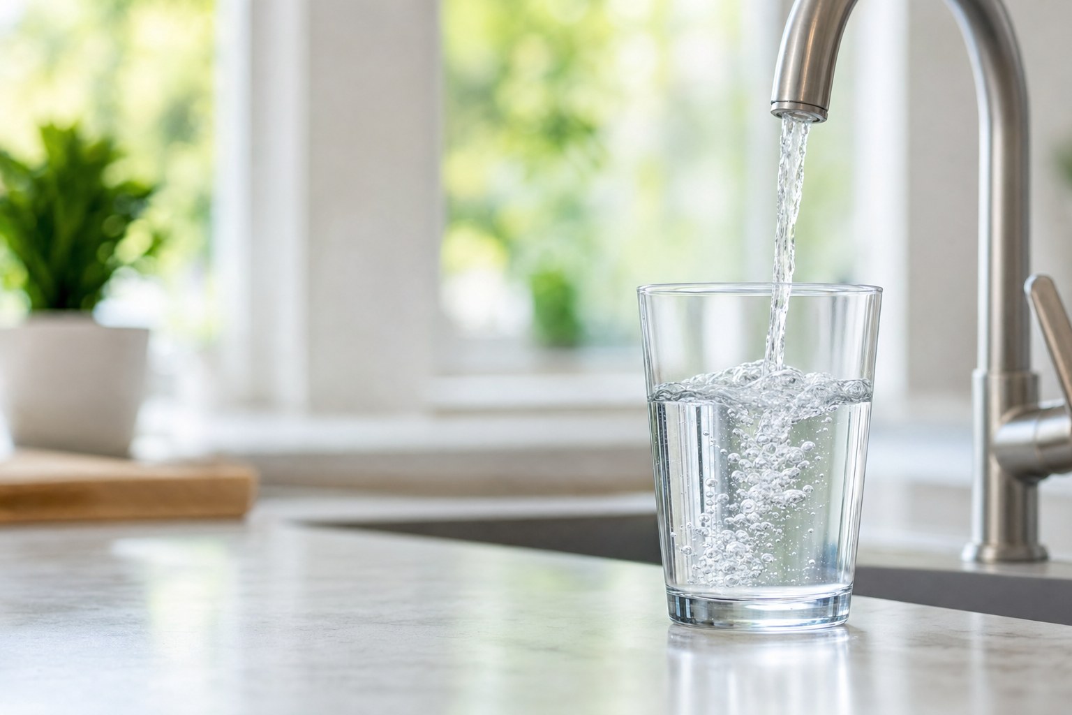 Clear water filling a glass at a kitchen faucet