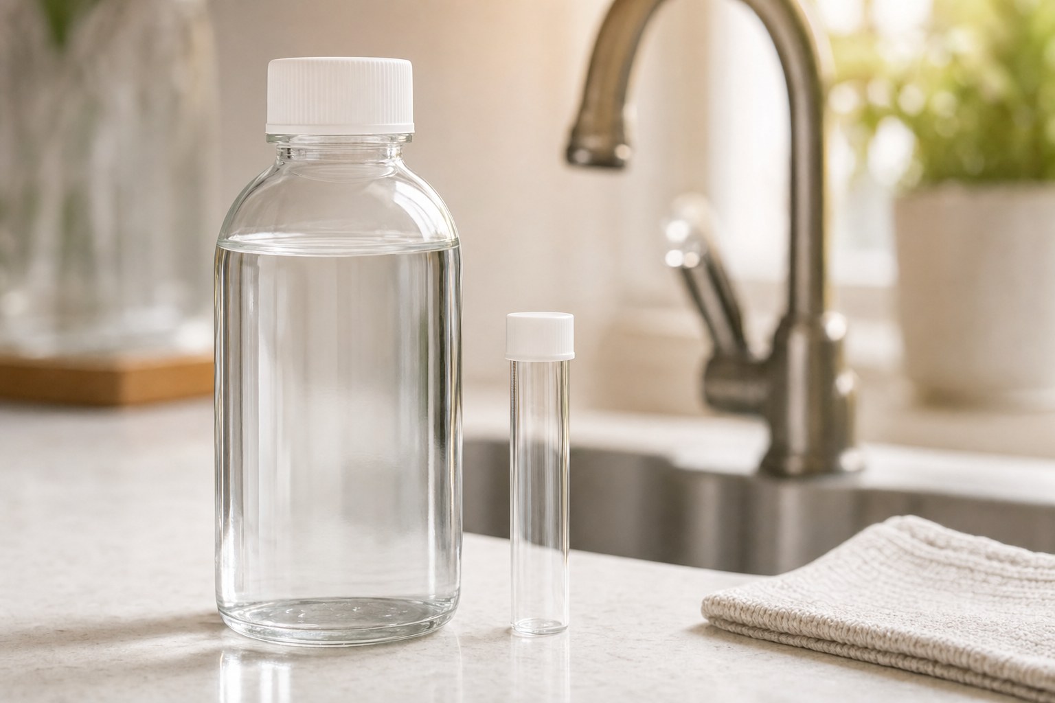 Water sample bottles prepared beside a kitchen faucet