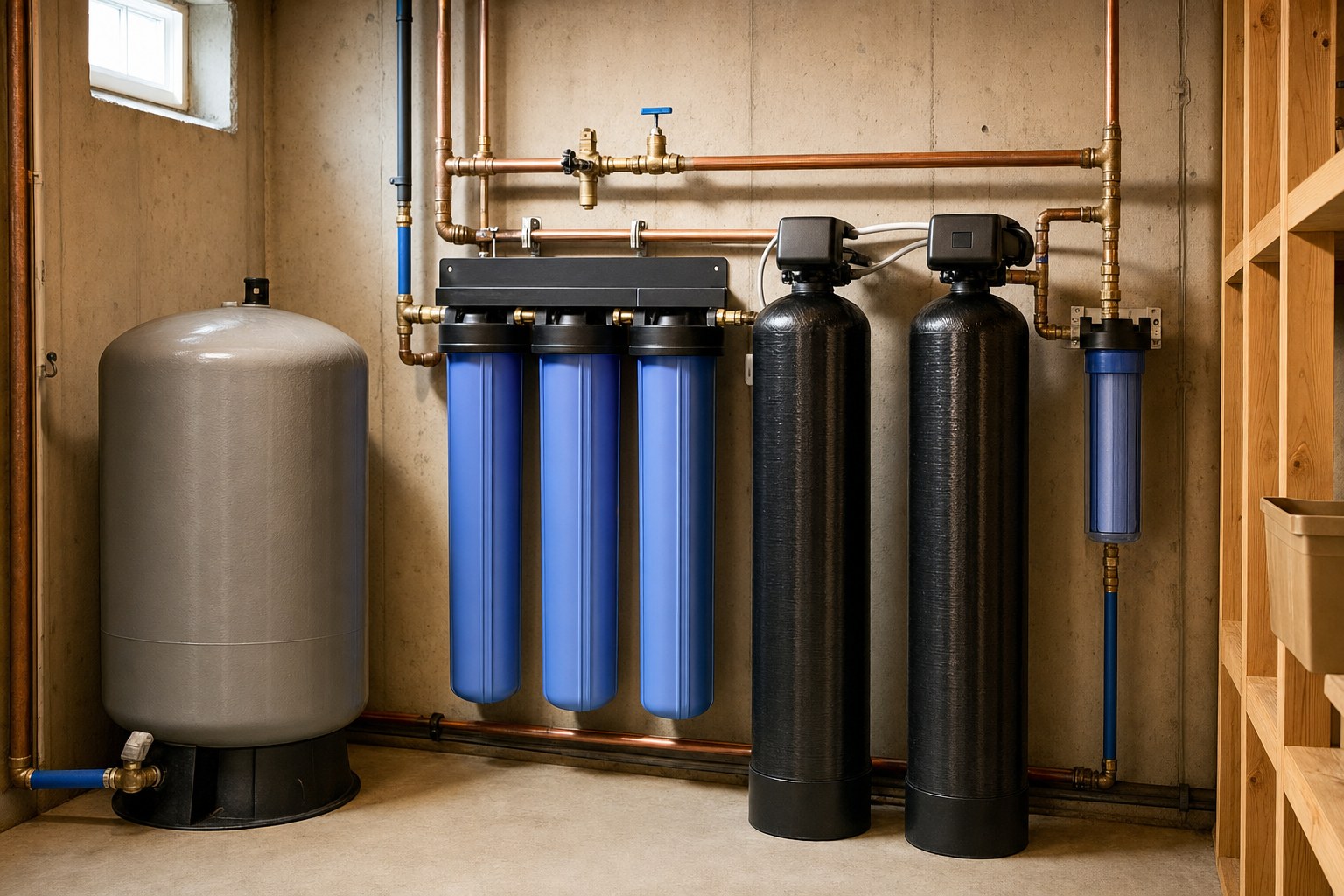 Whole-home water filtration equipment installed in a home utility area