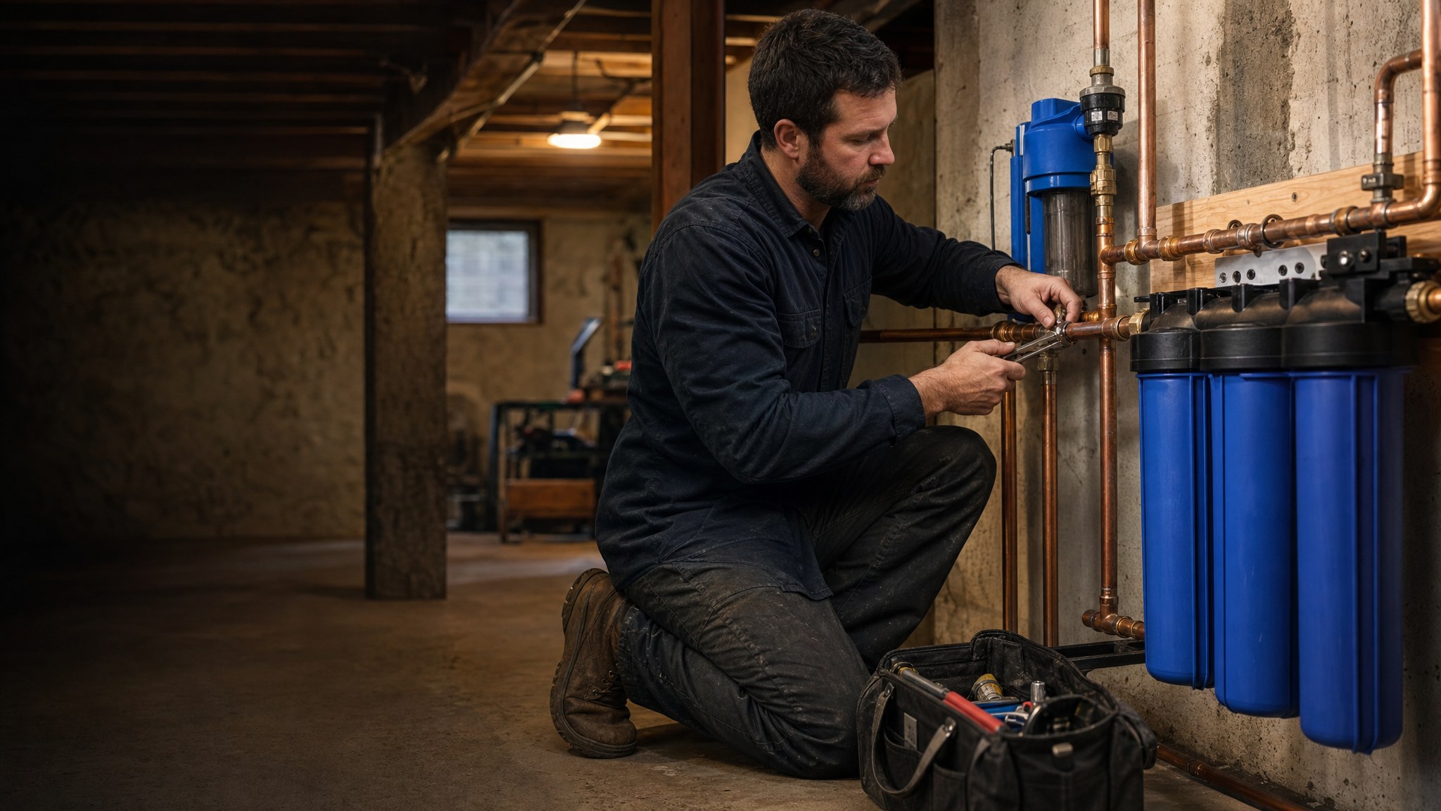 Plumber installing a whole-home water filtration system