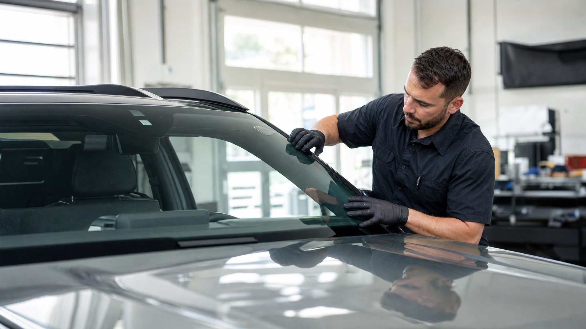 Professional applying clear protective film to an SUV windshield