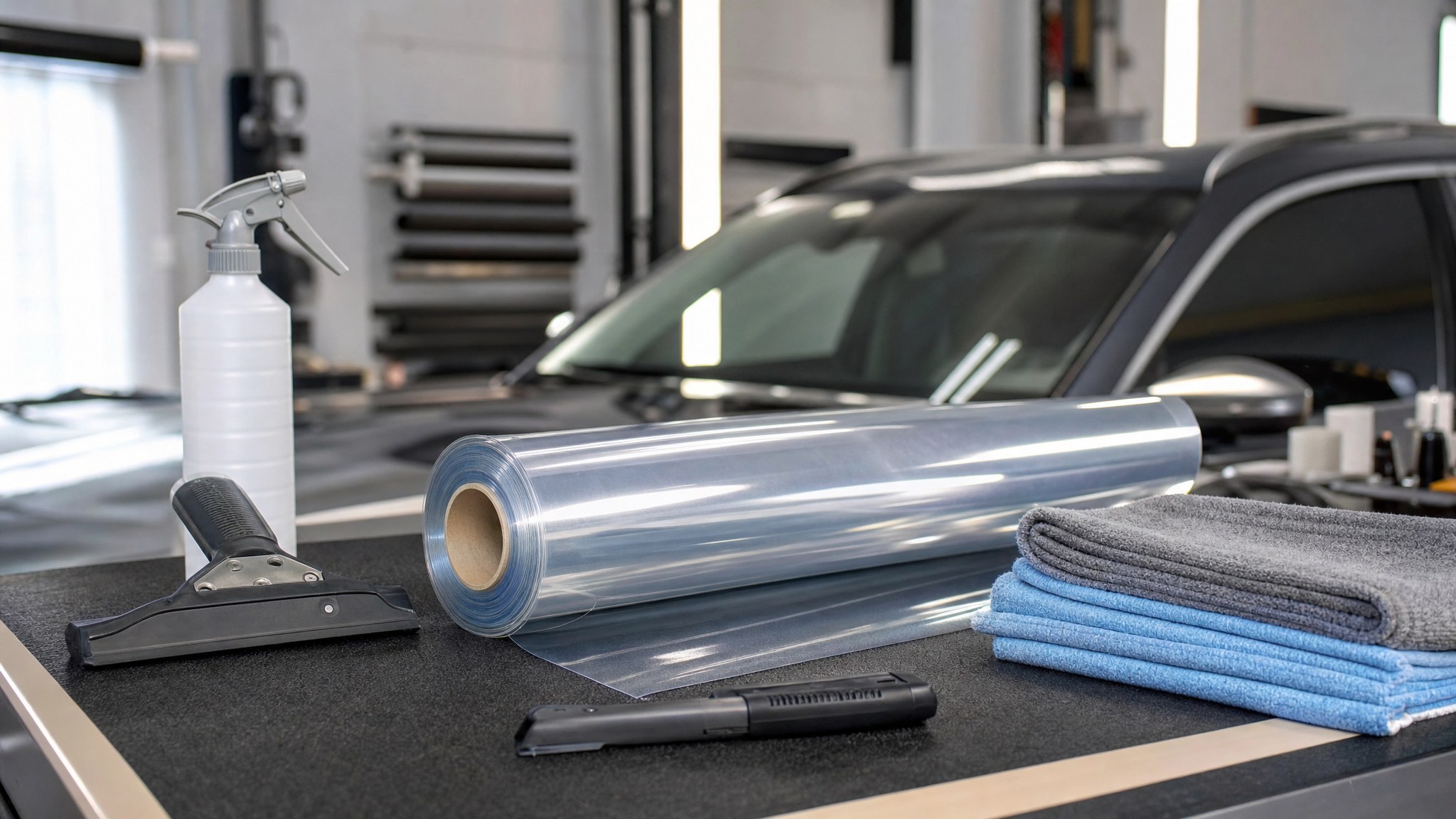 Windshield film installation tools and clear film prepared in an automotive workshop