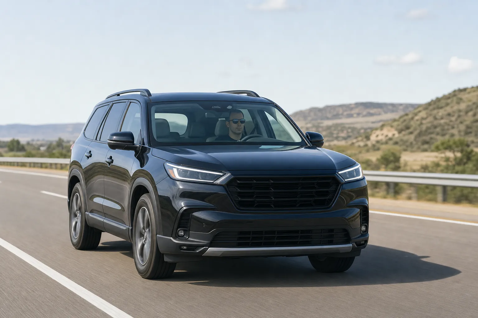 Dark SUV traveling on an open highway with a clear windshield