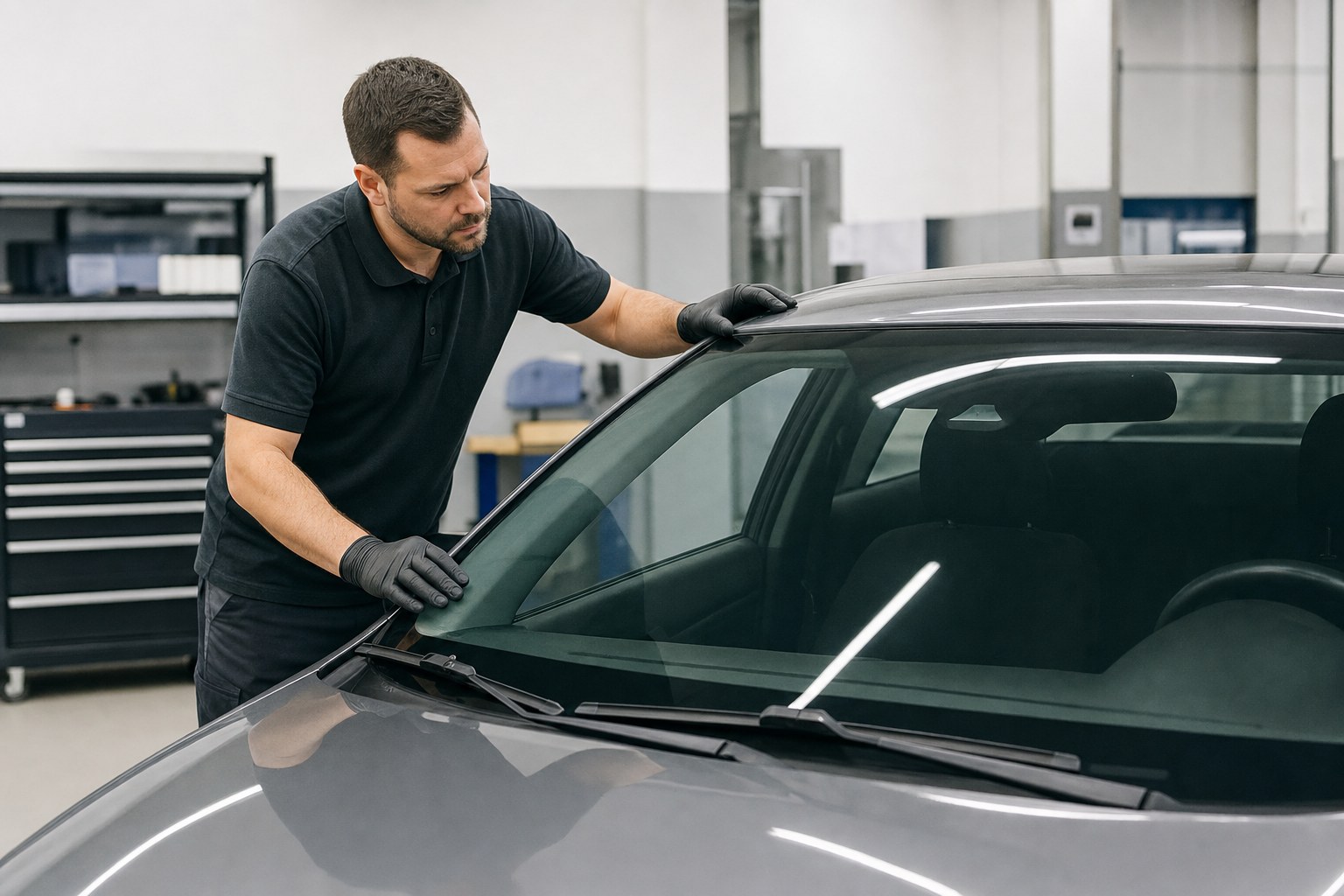 Automotive technician inspecting a vehicle windshield in a workshop