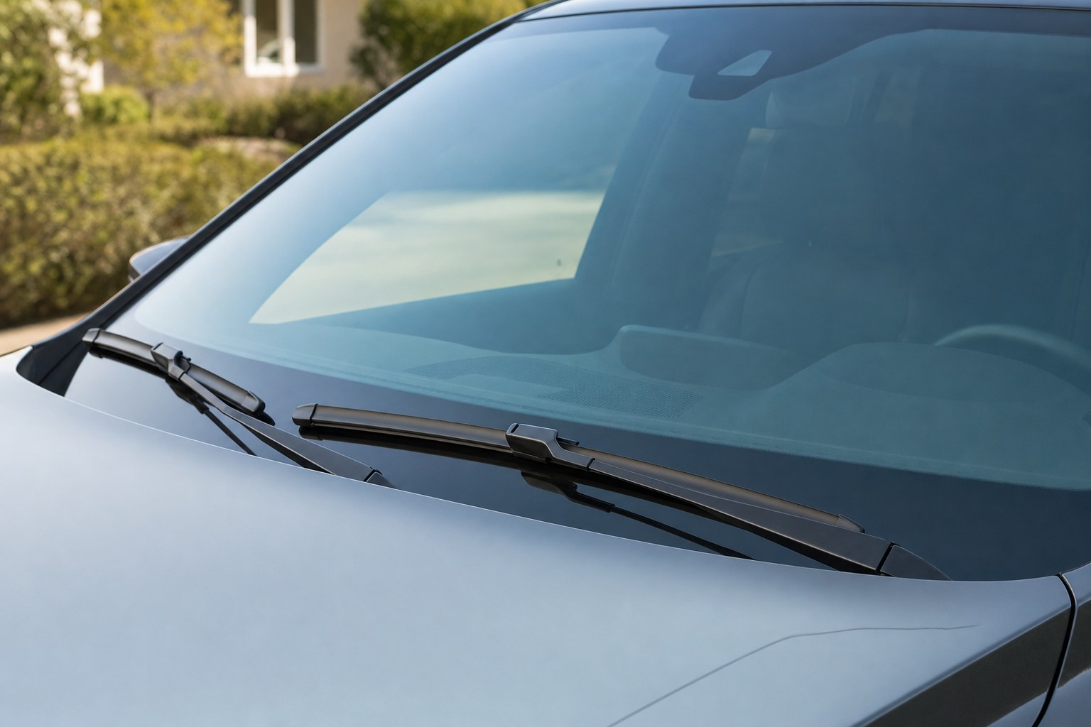 Clean windshield and wiper blades on a parked vehicle
