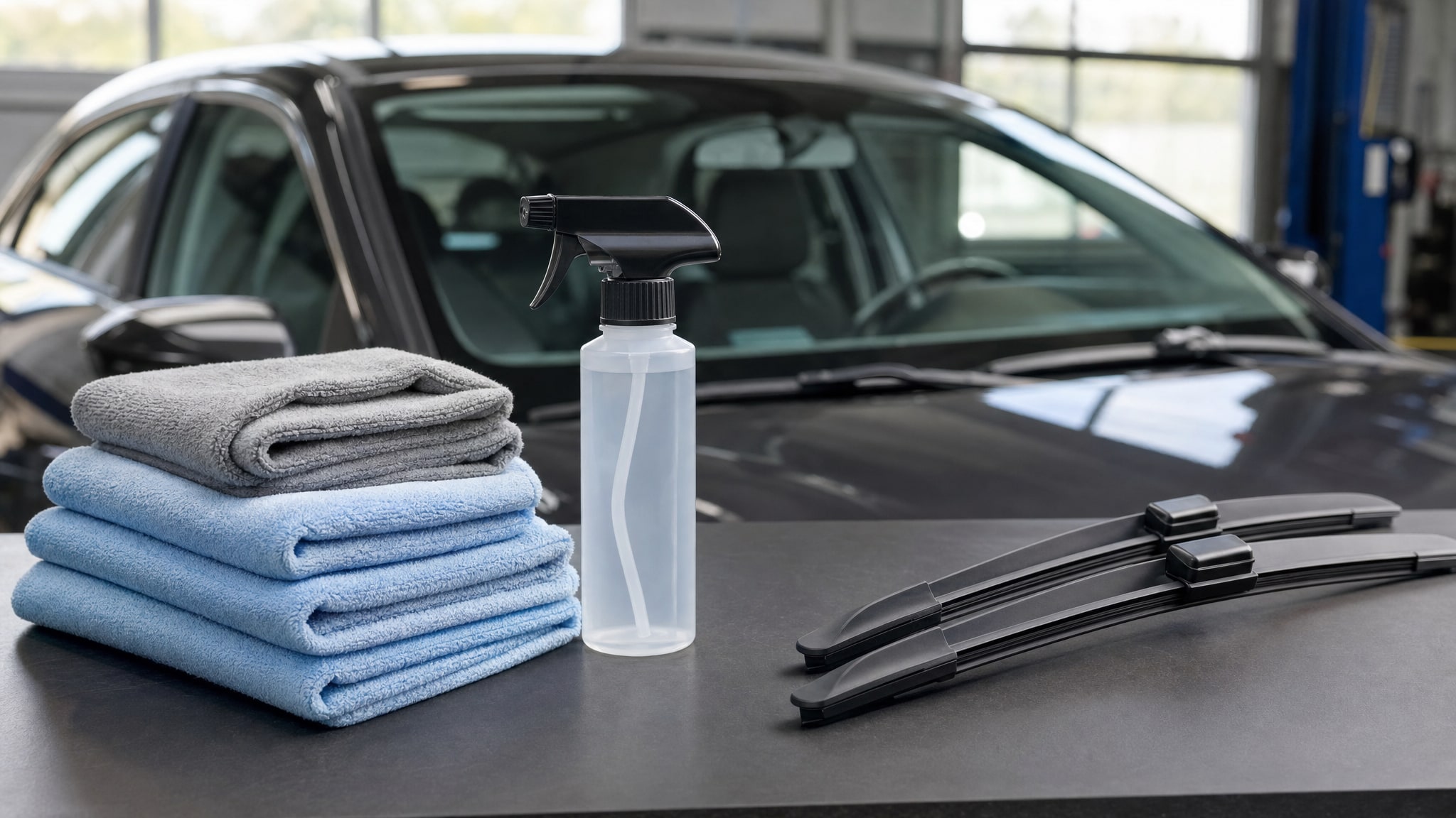 Microfiber towels, spray bottle, and windshield wiper blades on a workshop counter