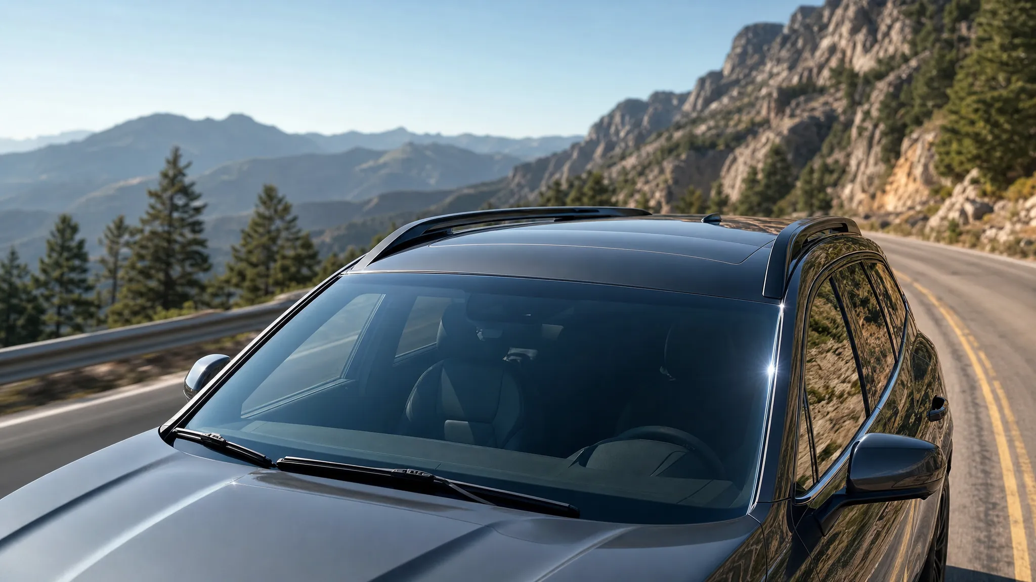 SUV with a clear windshield driving on a mountain road
