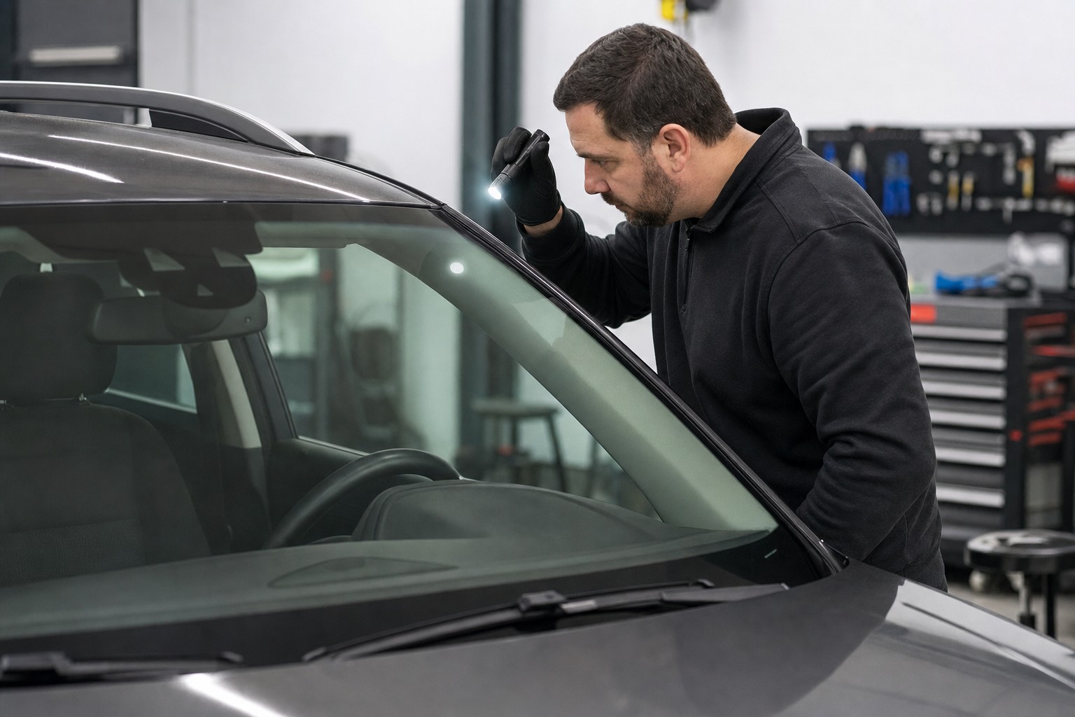 Professional inspecting a vehicle windshield in an automotive workshop