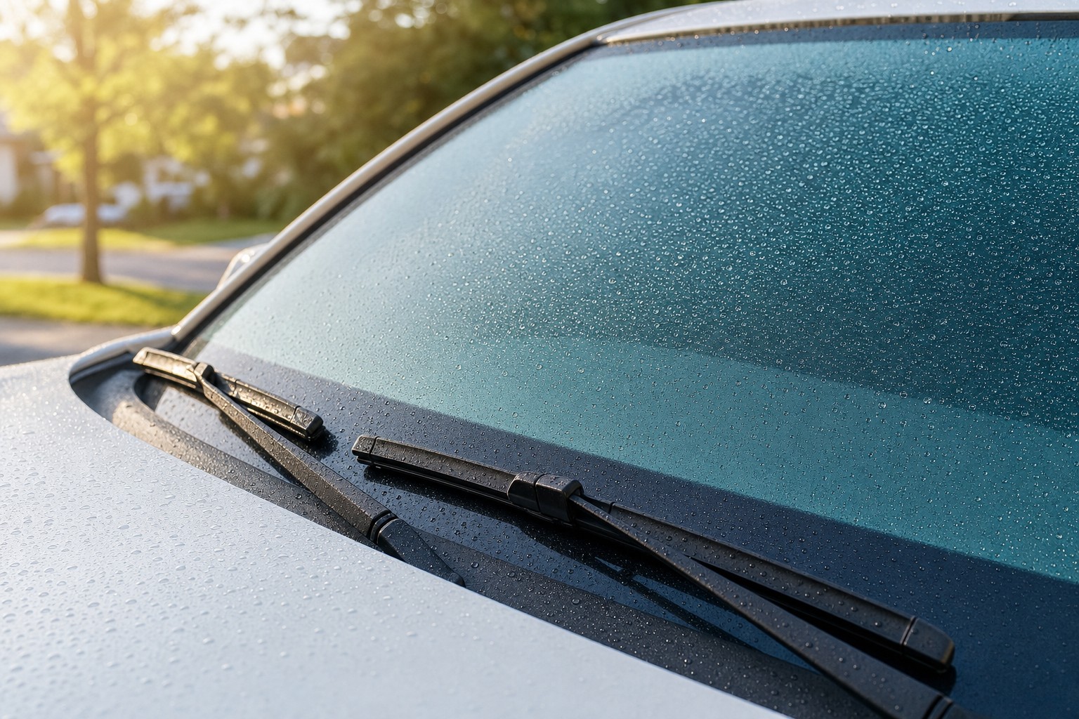 Clean windshield and wiper blades with water beading on the glass