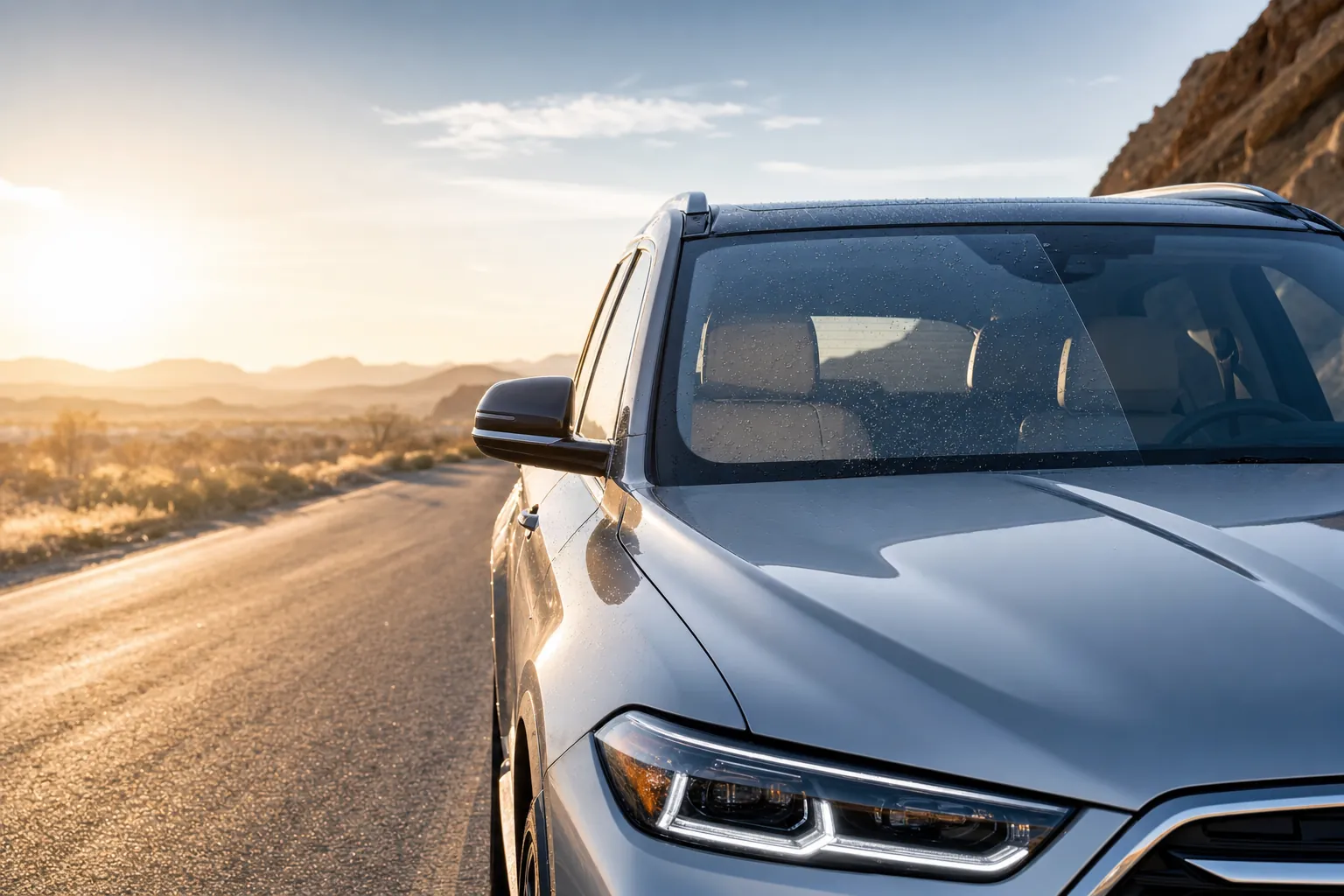 Vehicle with a clear protected windshield on an open road