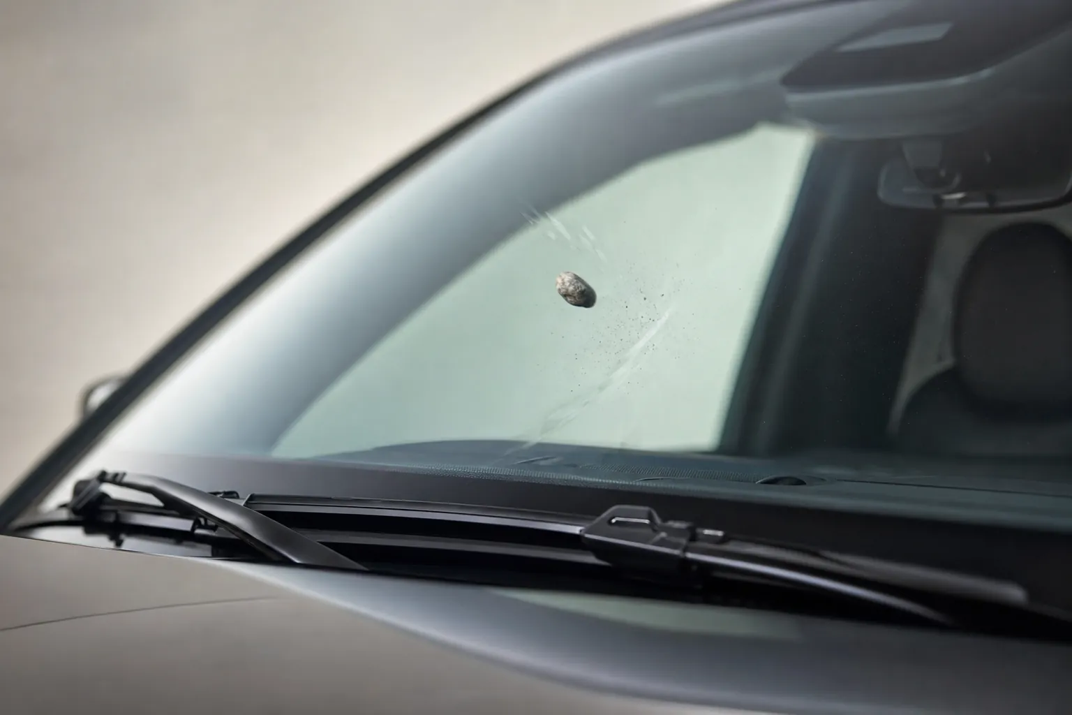 Road debris contacting a clear windshield protection surface