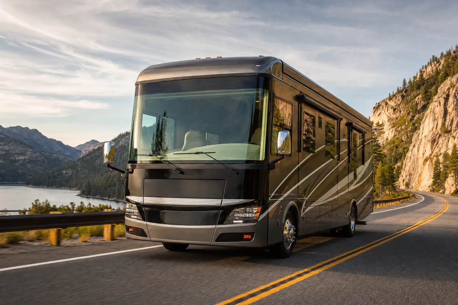 Luxury Class A RV driving on a mountain highway with a clear windshield