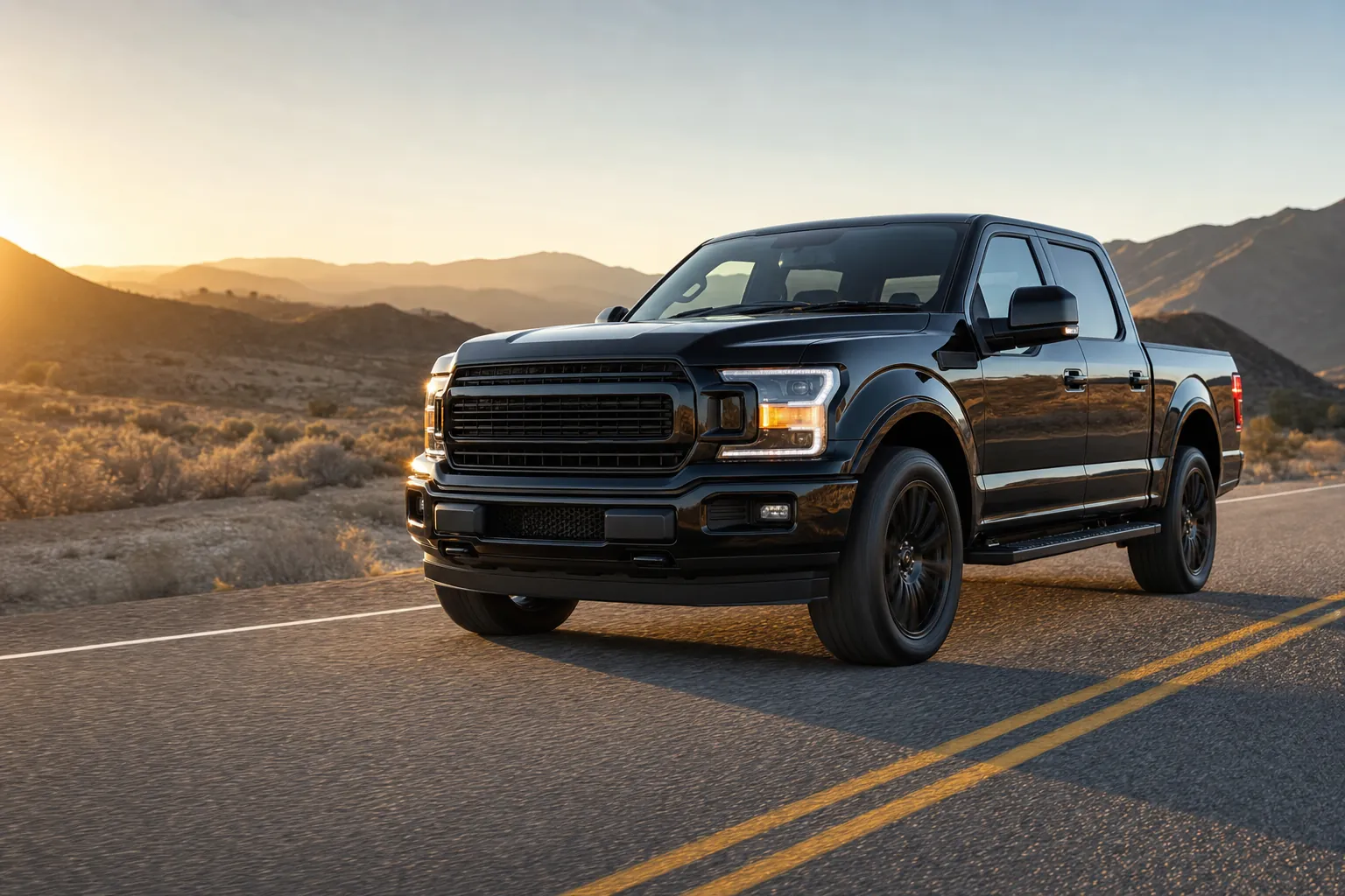 New full-size pickup truck on an open highway with a clear windshield