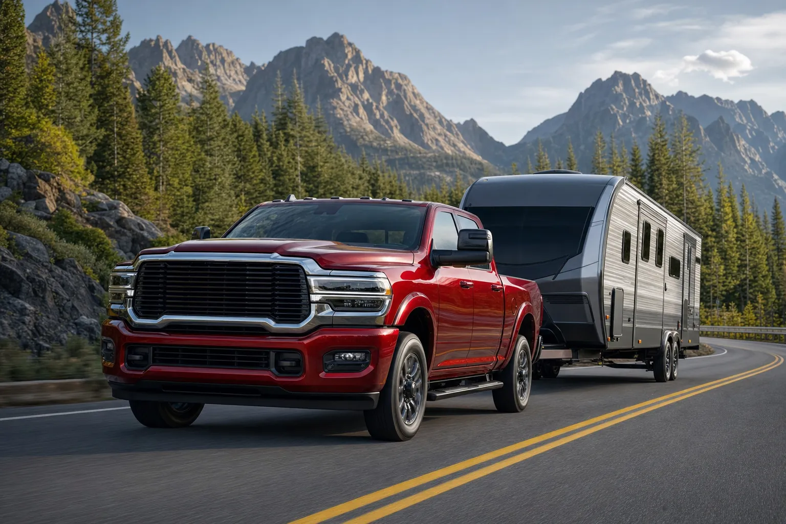 New heavy-duty pickup truck towing a travel trailer on a mountain highway