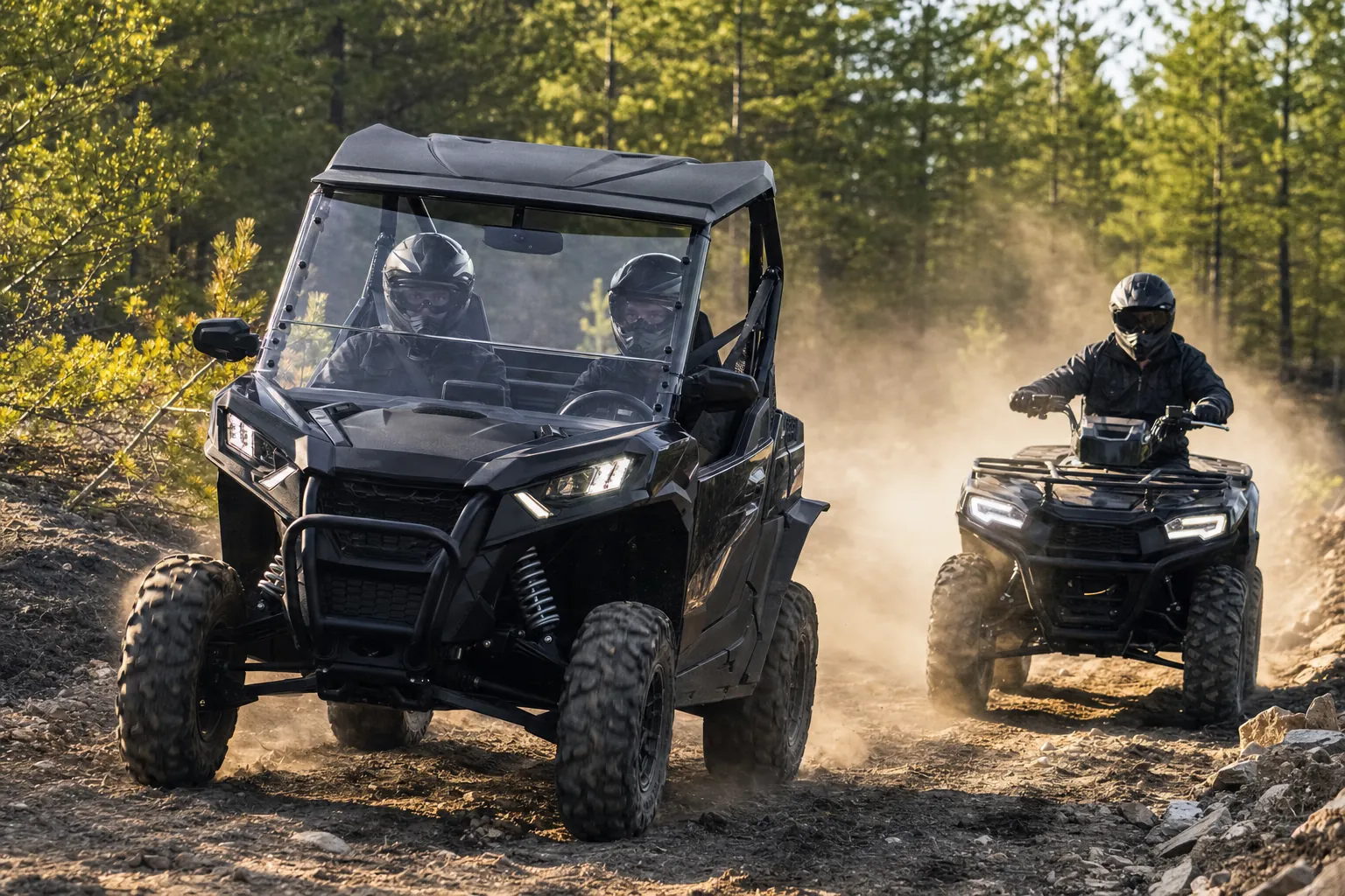Modern UTV and ATV driving on a forest trail with clear windshields