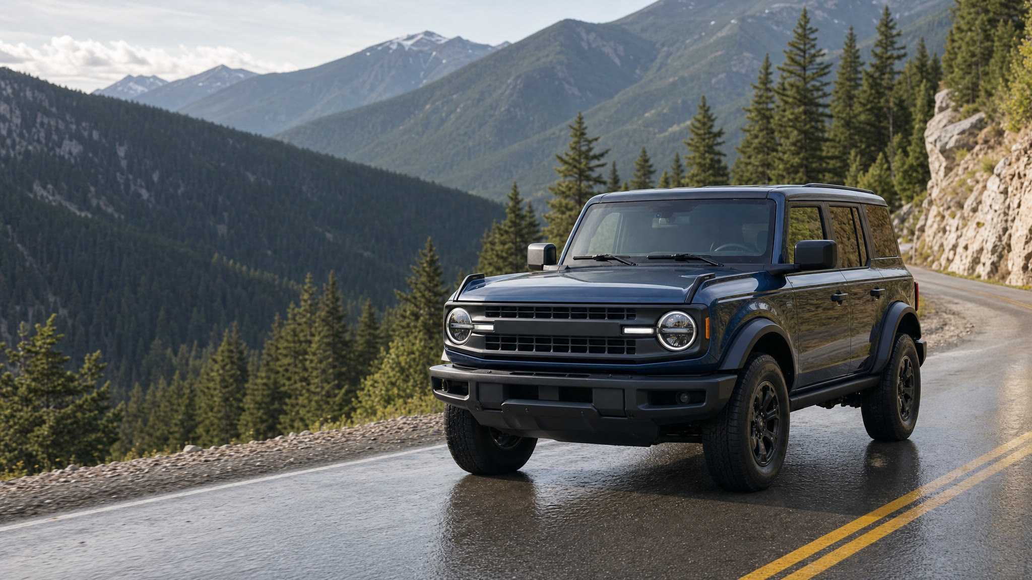 Blue Ford Bronco-style SUV with a clear upright windshield on a wet mountain road