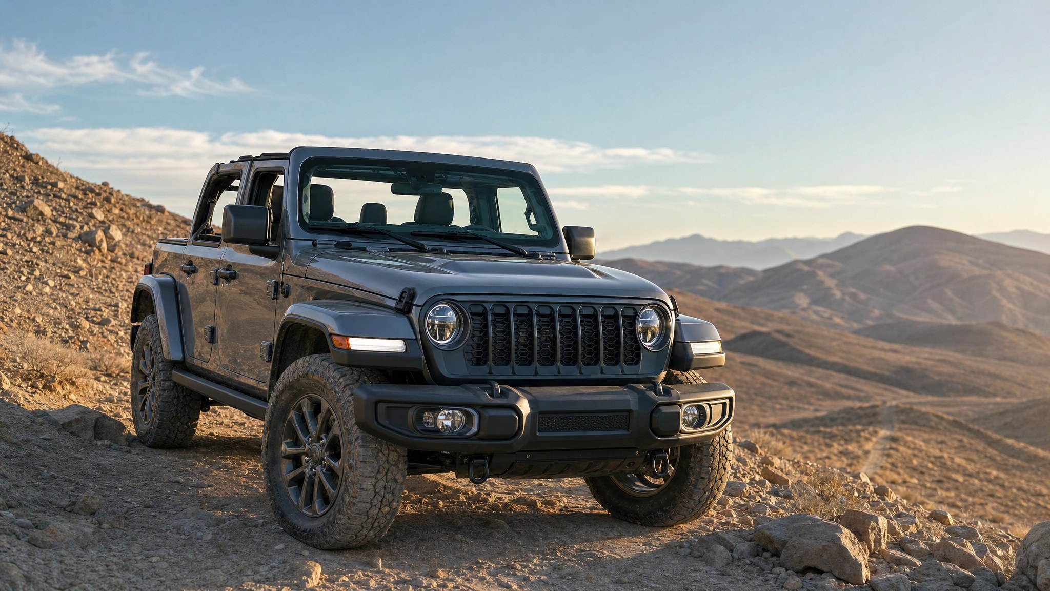 Four-door off-road SUV with an upright clear windshield on a rocky desert trail
