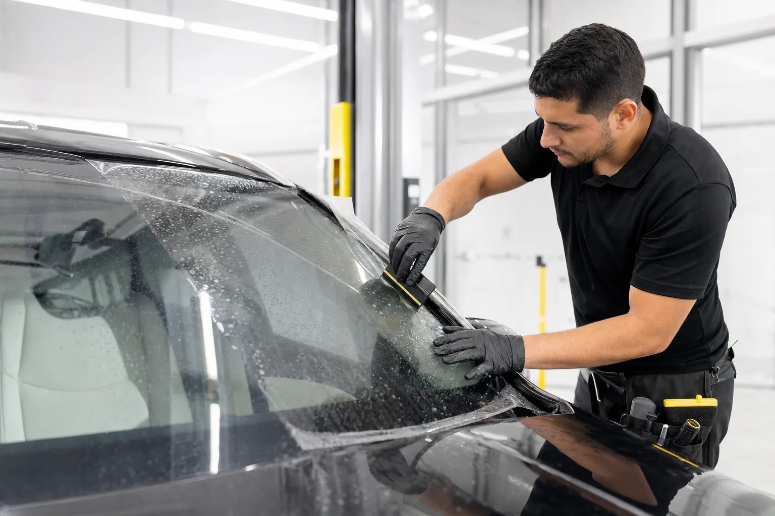 Professional preparing a windshield for protection film installation