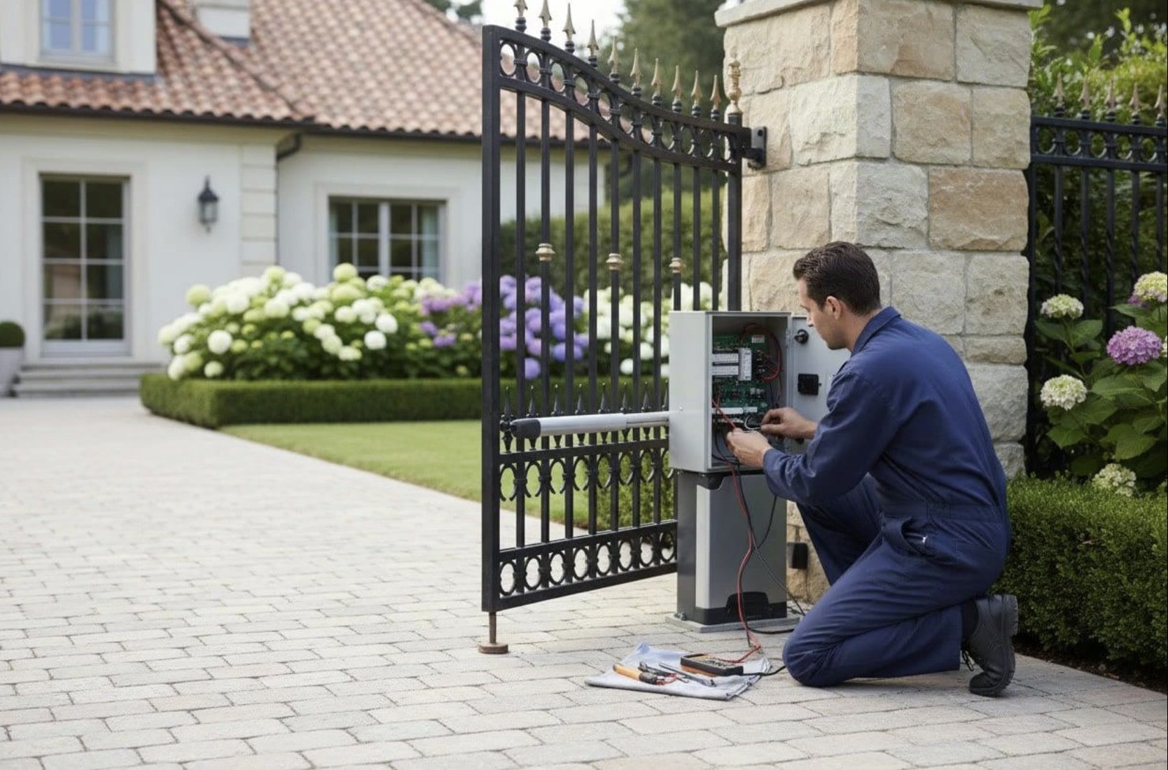 Technician servicing an automatic driveway gate operator