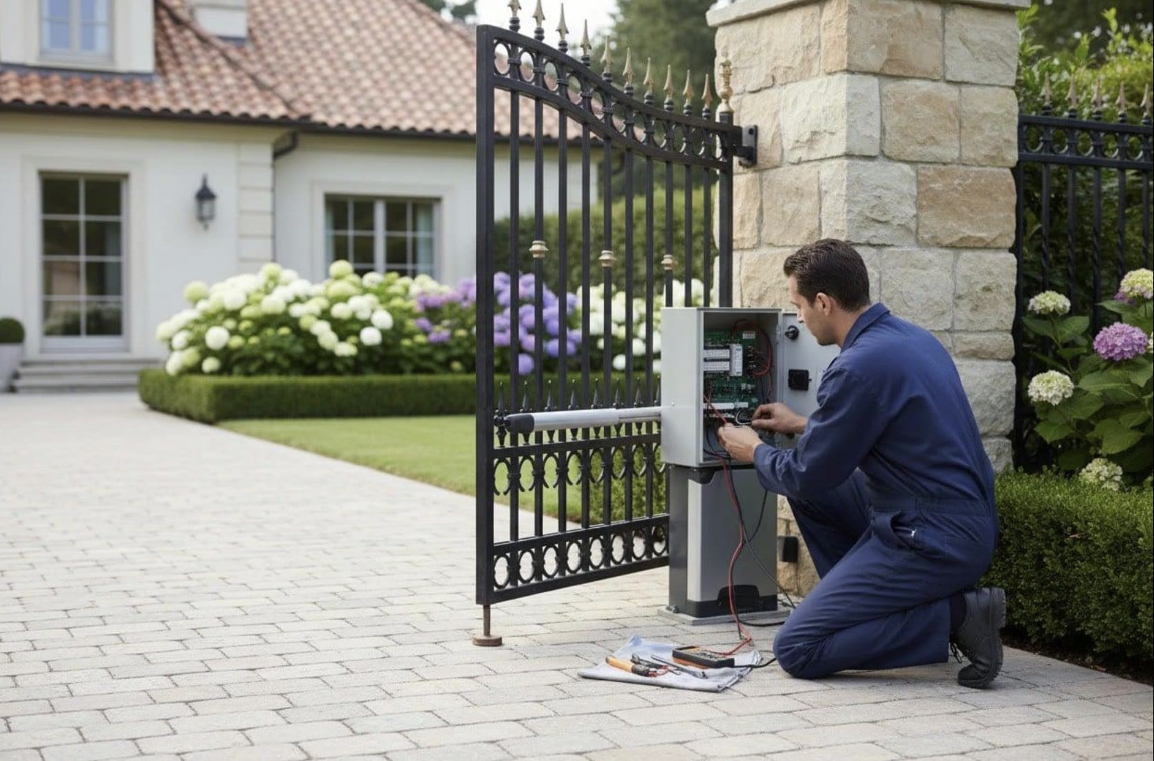 Technician servicing an automatic driveway gate operator