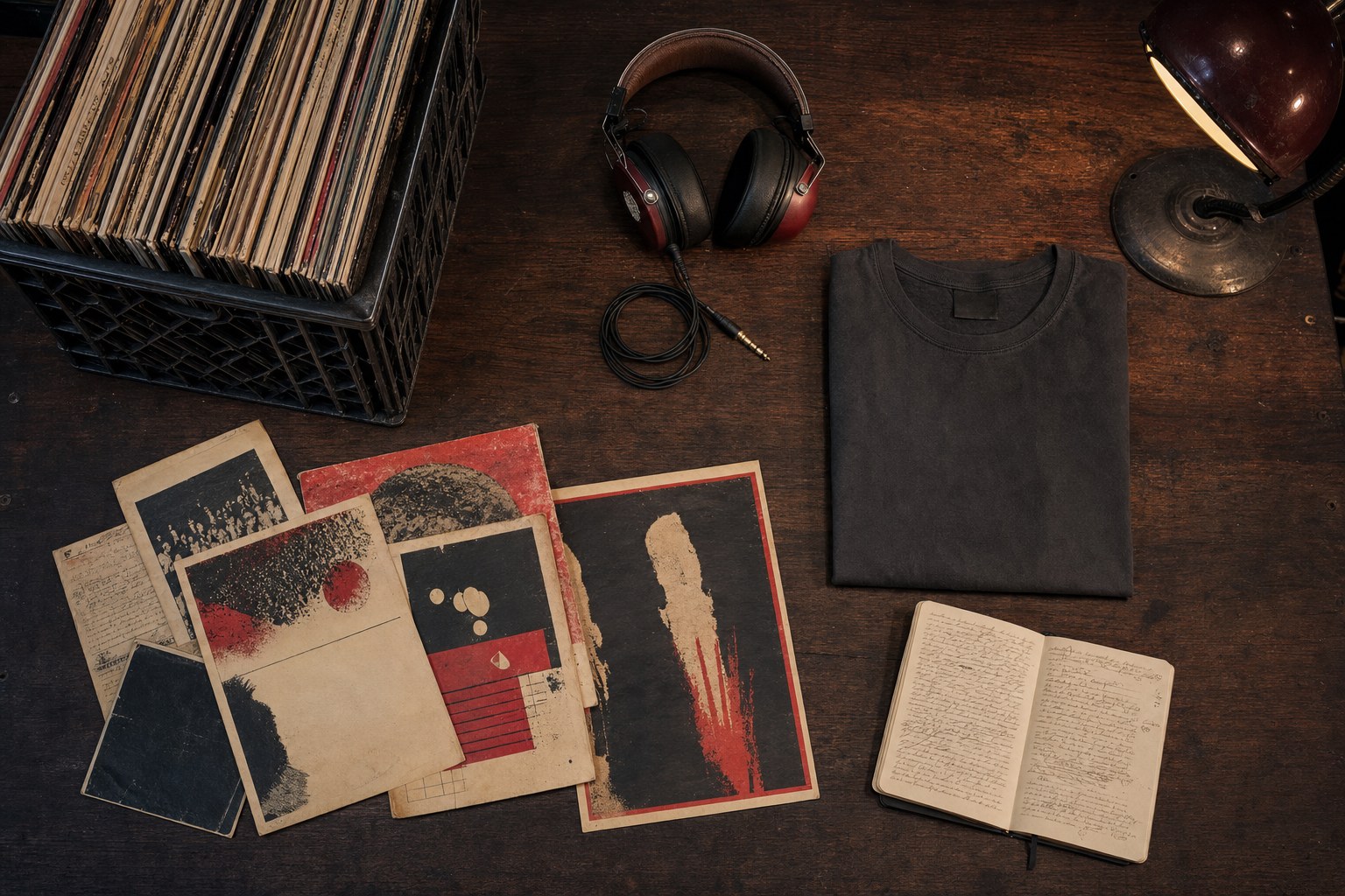 Record crate and blank folded shirt on a studio table