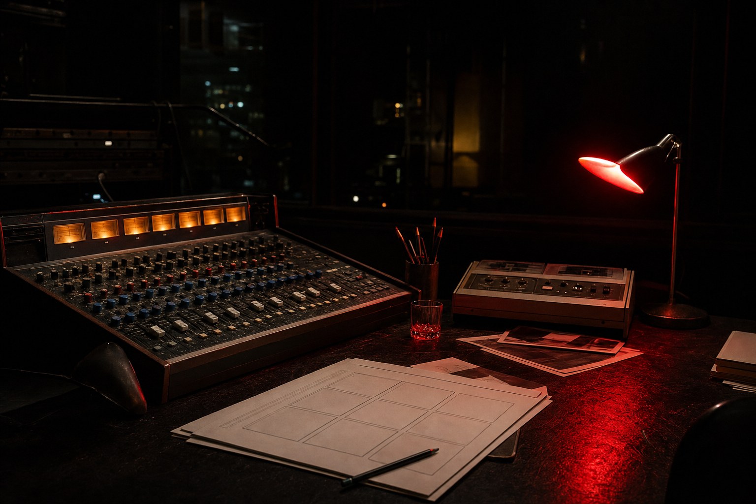 Music studio equipment lit in red and amber