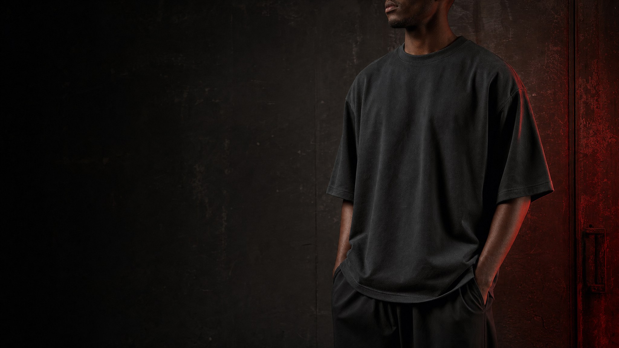 Model wearing a charcoal T-shirt in red studio light
